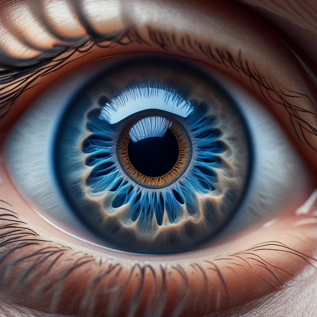 A close-up macro shot of a blue human eye, showcasing the intricate details of the iris and pupil with natural lighting