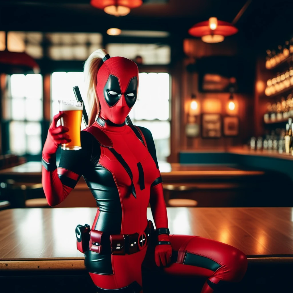 cinematic photo full body portrait lady deadpool, blond hair, ponytail, mask, body suit, having a beer in a pub<lora:LDP1024:0.8> . 35mm photograph, film, bokeh, professional, 4k, highly detailed