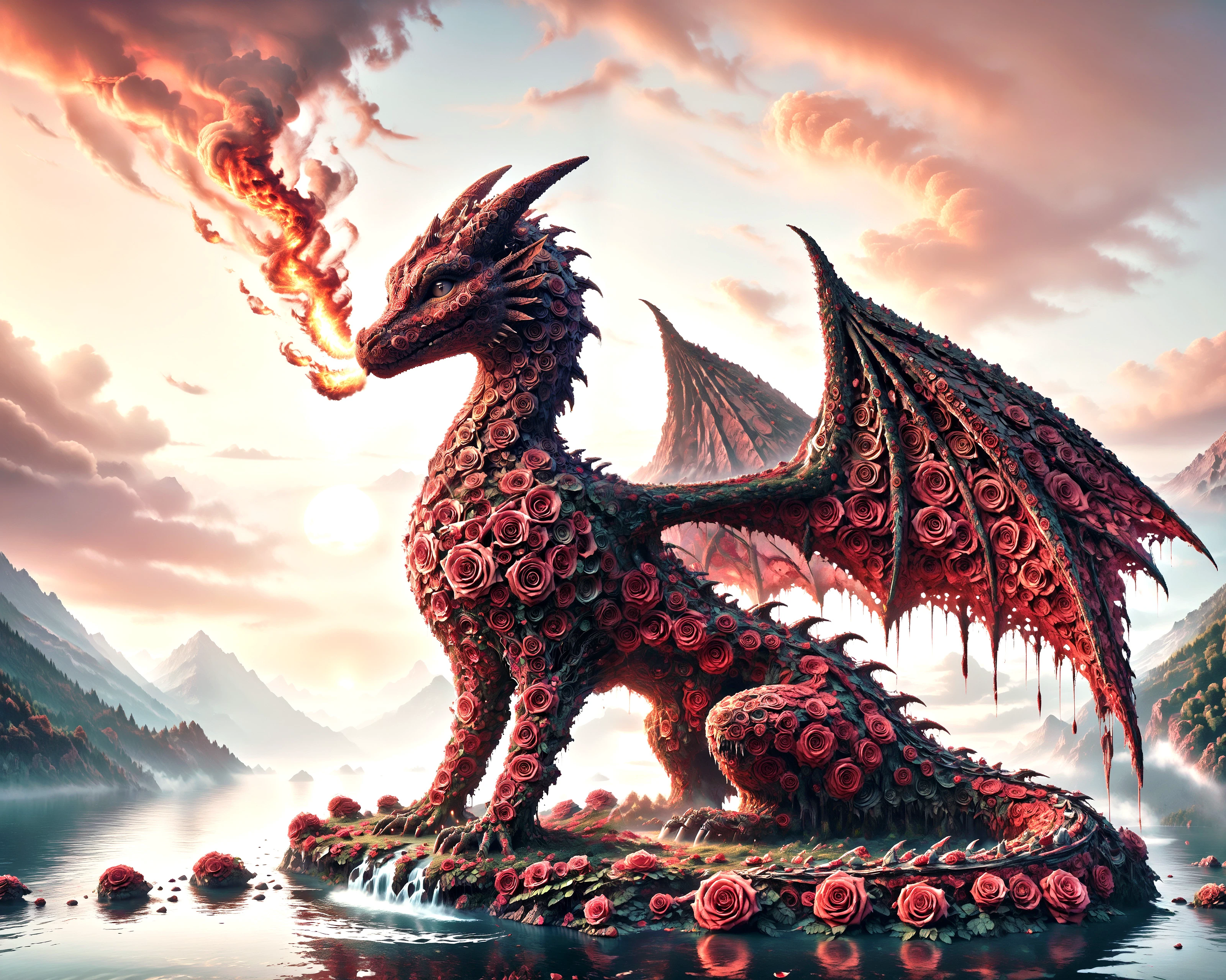 score_9, score_8_up, score_7_up,

r0535, 3d, a sitting dragon made entirely of rose, wings, fire-breathing,

(landscape:0.9), (hills:0.9), tree, grass, sunset, clouds, 