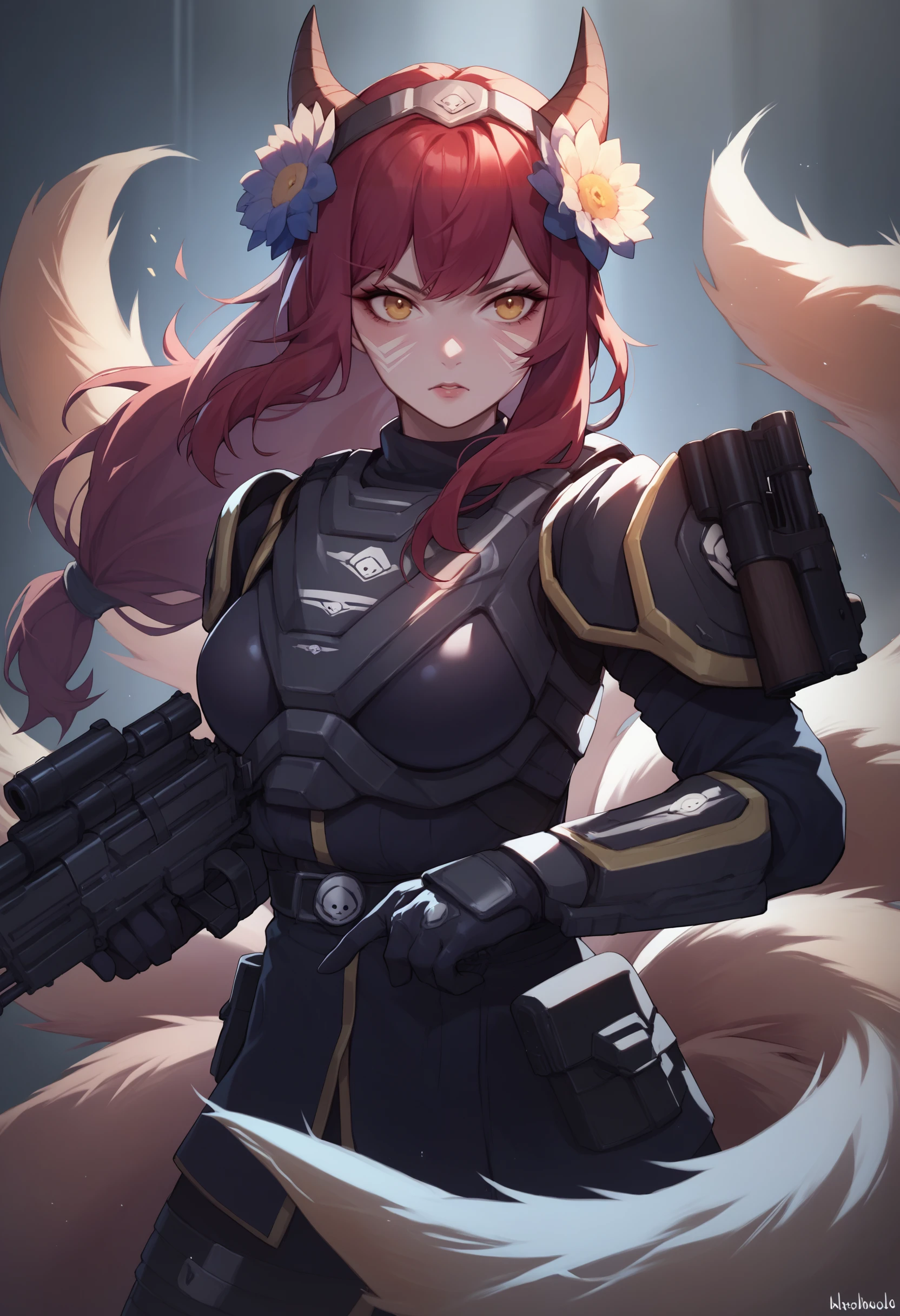 score_9, score_8_up, score_7_up, ahrieldrwod, horns, fox tail, multiple tails, long hair, red hair, yellow eyes, large breasts, hair Flower, hair ornament, tattoo,  <lora:Ahri_Elderwood_pdxl_Incrs_v1:1>, <lora:HelldiversXL:1>, helldiver, armor, weapon, gun,