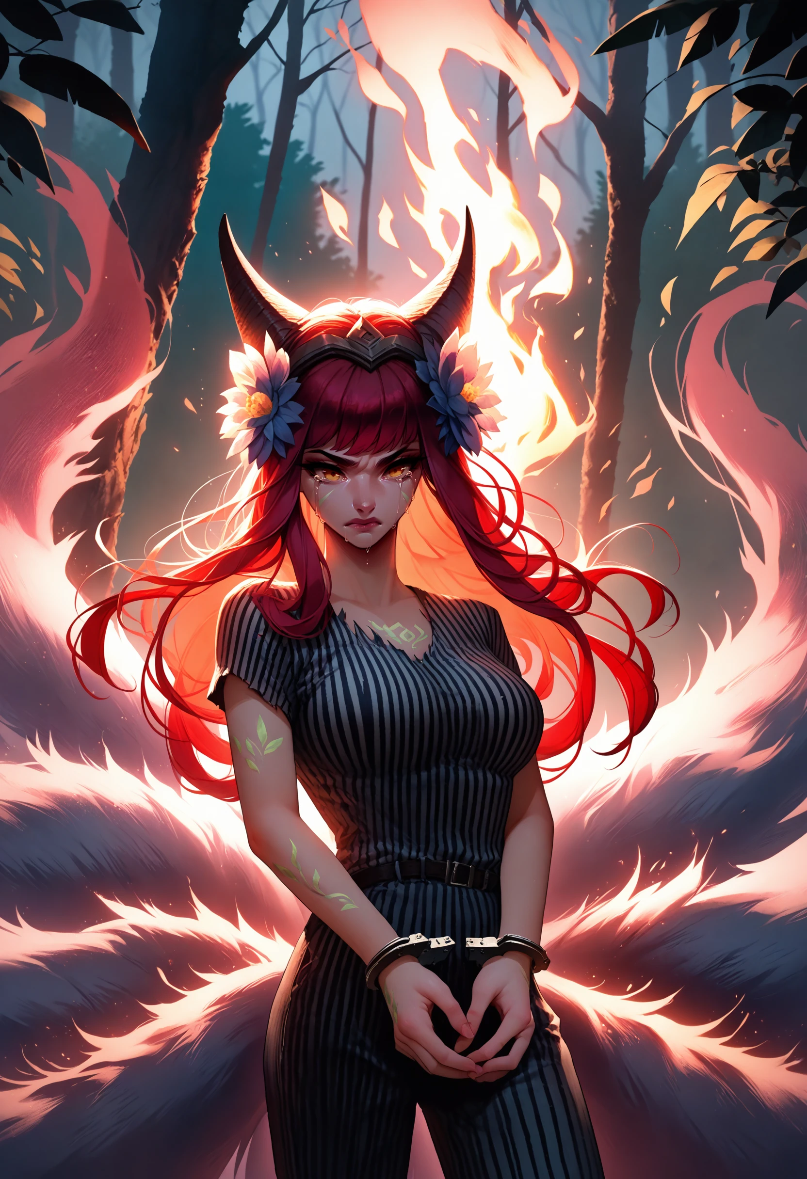 score_9, score_8_up, score_7_up, ahrieldrwod, horns, fox tail, multiple tails, long hair, red hair, yellow eyes, large breasts, hair Flower, hair ornament, tattoo, <lora:Ahri_Elderwood_pdxl_Incrs_v1:1>, striped, prison clothes,  <lora:HandcuffsV2:1>, handcuffs, cuffs, forest, crying, burning, fire, escort, burning forest, striped shirt, striped pants, greyscale,