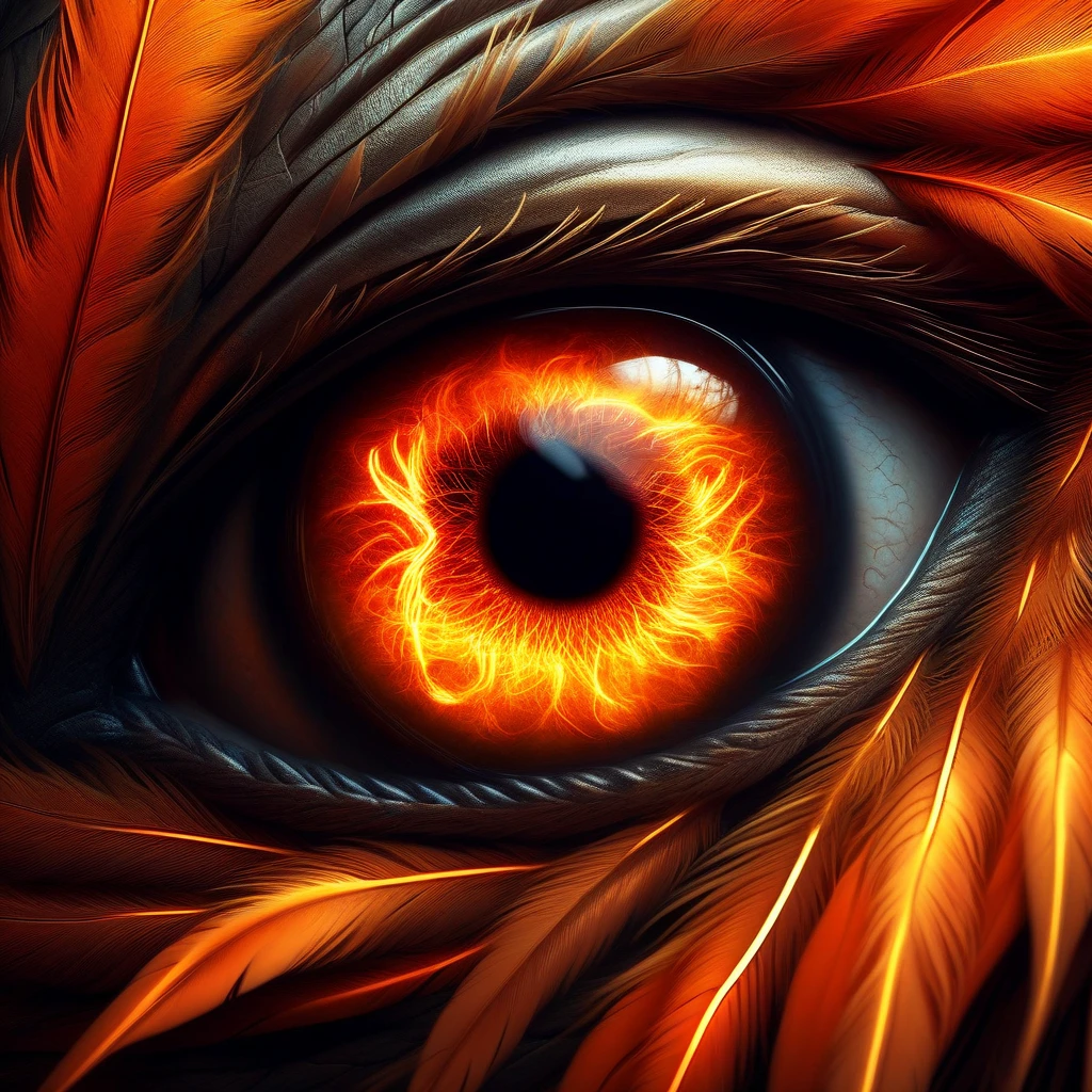 Close-up of a mythical creature’s eye, like a phoenix’s, with fiery orange and gold feathers framing a glowing, ember-like pupil.