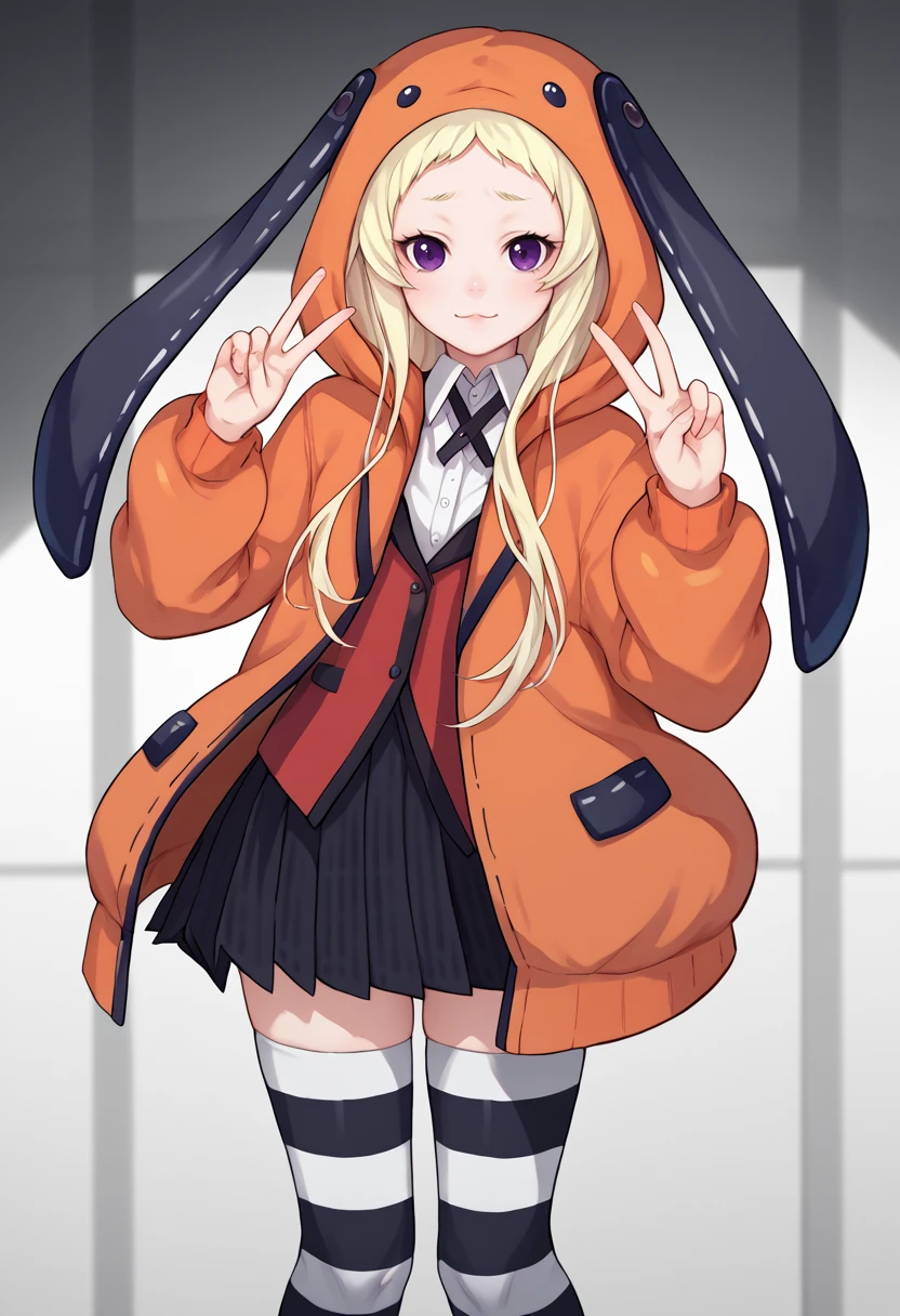 score_9,  score_7_up, source anime,   1girl, Runa, blonde hair, purple eyes, orange hooded jacket, white shirt, black and white thighhighs, animal hood, red blazer, pleated skirt, striped thighhighs,   looking at viewer,  double v, standing,  <lora:Runa 5_1-000008:1>