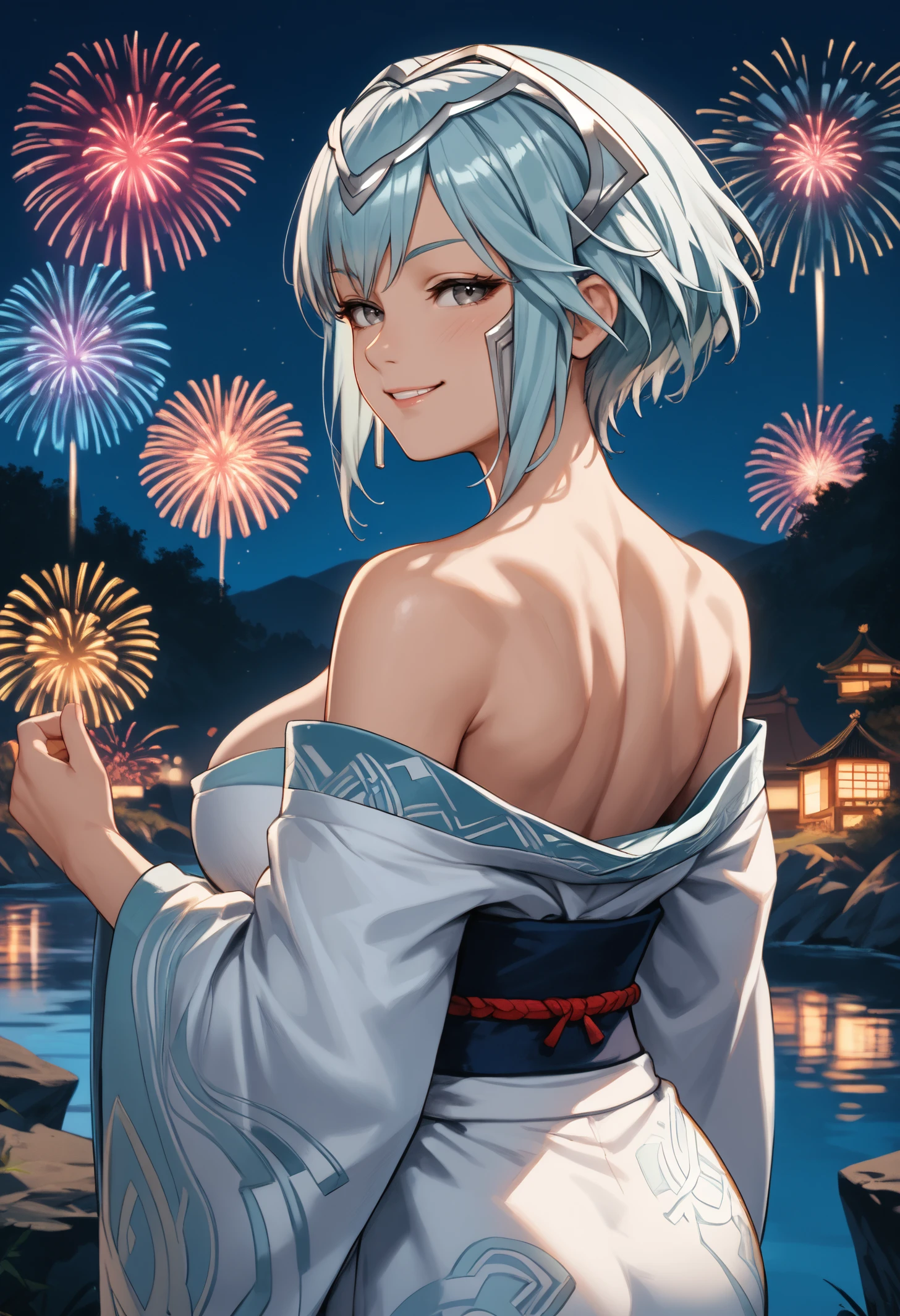 score_9, score_8_up, score_7_up, 1girl, DagrRND, grey eyes, aqua hair, short hair, large breasts, toned,
tiara, silver kimono, off-shoulder kimono,
looking at viewer, looking back, smile, smug, bedroom eyes, cowboy shot, rear view,
outdoors, night, dark, fireworks, river,
<lora:FEDagrPDXL_V1-Manityro-CAME:1.0>,