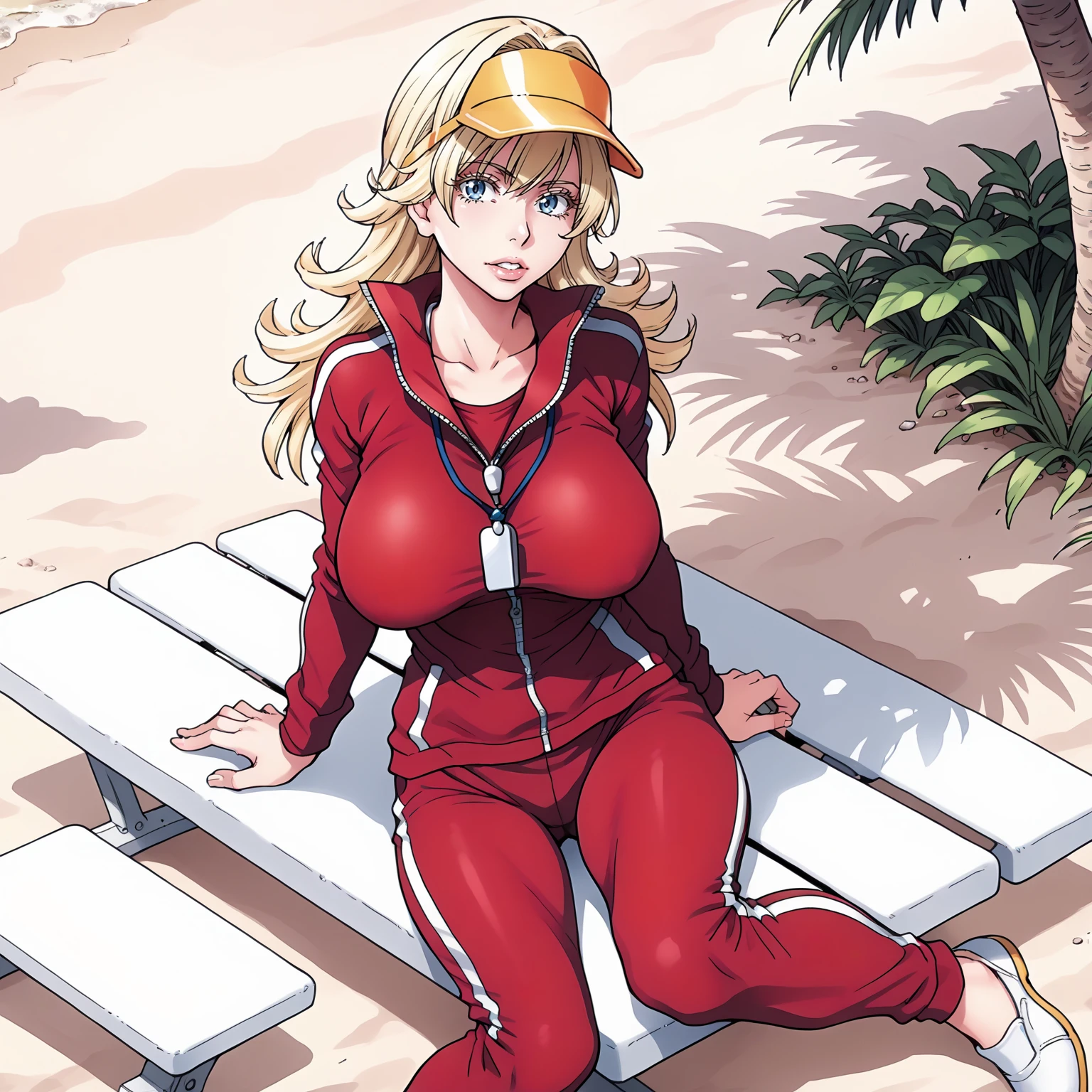 <lora:NBnSd_SuomiSenseiXLpony001>,
parted lips,
solo,
SuomiSensei,1girl,blonde hair,long hair,blue eyes,
large breasts,
visor cap,
whistle around neck,
track suit,red jacket,
red pants,
outdoors,sandy beach,
sitting,