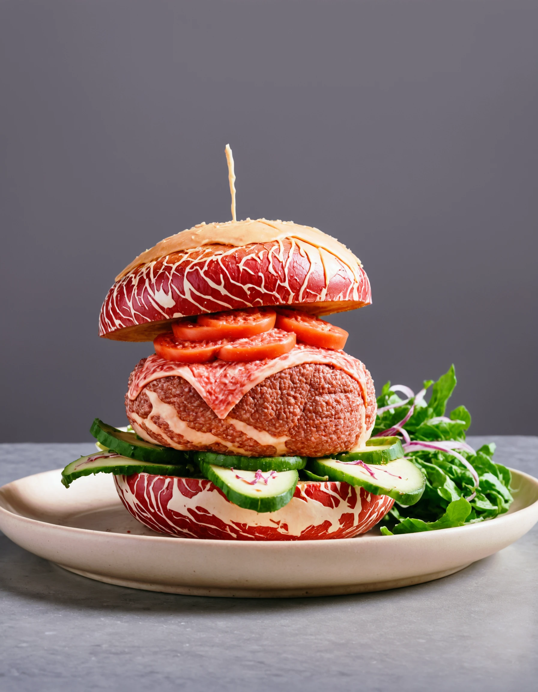 burger made of (wagyu:1.2), on a plate, salad greens, food photography, gourmet dining, still life,