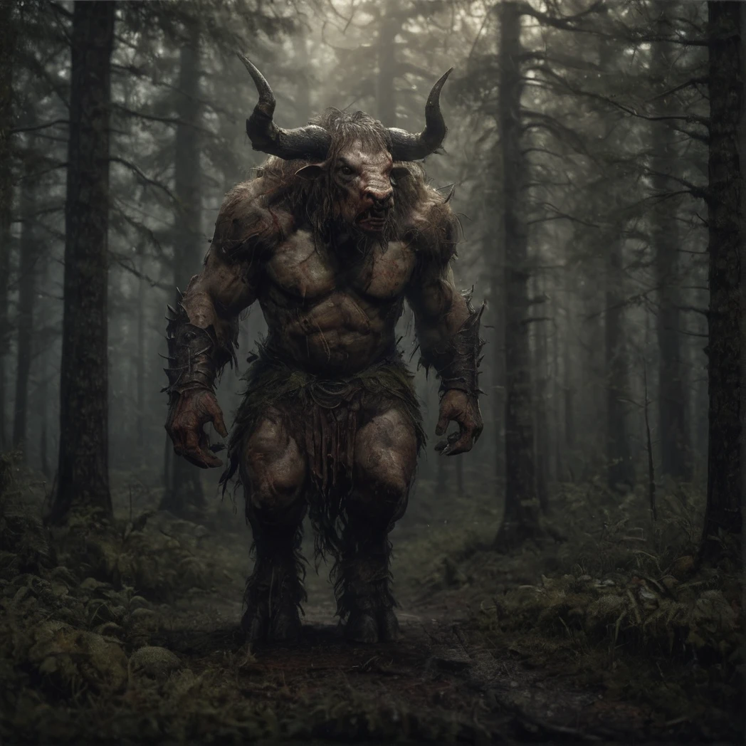 ((Minotaur)), (creature, monster, moody forest), (UHD, 8K, ultra detailed, looking at the camera, highly detailed, best quality, best aesthetic, high detail, amazing detail, masterful, work of a master, highly detailed background, shallow depth of field, photorealistic, RAW image, 
8k high resolution, ray tracing, realistic, dark, volumetric lighting), shoulder armor, loincloth,
