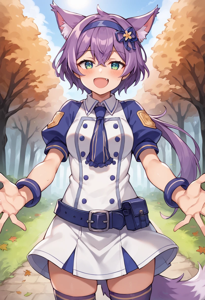 score_9,score_8_up,score_7_up,source_anime,masterpiece,best quality,game cg,1girl,solo,little_girl,ruhuyu_(show_by_rock!!),purple hair,low ponytail,animal ears,hairband,hair ornament,tail,hair between eyes,fang,dress,necktie,short_sleeves,puffy sleeves,blue Sleeves,purple thighhighs,belt,white skirt,<lora:ruhuyuSB69:1>,(dusk:1.1),flower field,cowboy_shot,looking_at_viewer,dynamic_angle,half-closed eyes,smile,Lots of flowers,(autumn maple forest:1.3),(very few fallen leaves),(path),open mouth,from_below,spread_fingers,outstretched_arms,