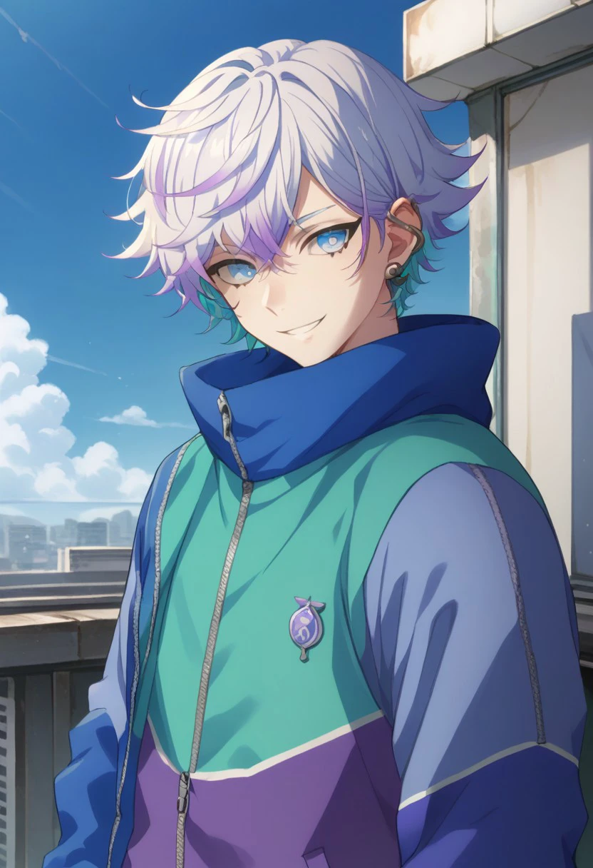 score_9, score_8_up, score_7_up, source_anime, highly detailed, 
Nayuta, 
1boy, male focus, solo, multicolored hair, blue eyes, jacket, looking at viewer,
purple hair, jewelry, ear piercing, earrings, piercing, white hair, smile, sky,
multicolored jacket,
virtual space,