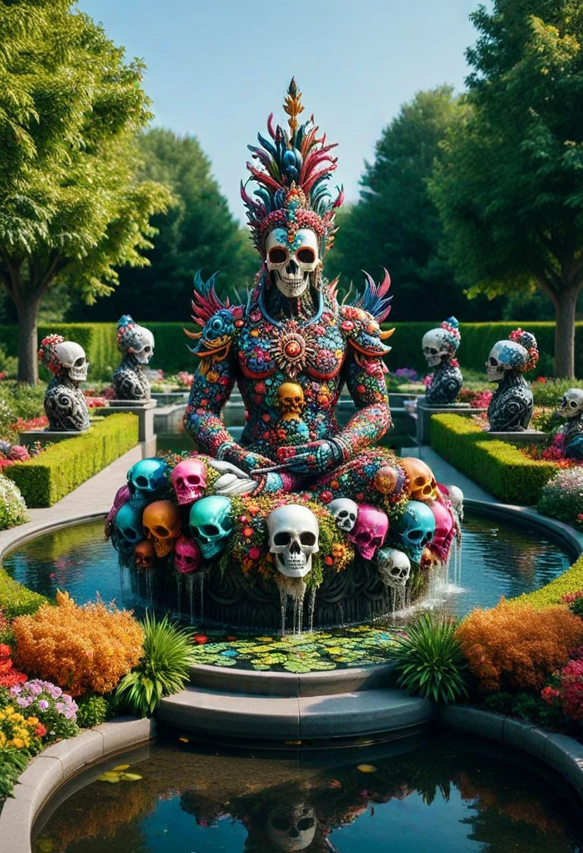 (medium full shot) of a statue made of colorful skulls, a majestic garden, featuring grand fountains, manicured hedges, ornamental statues, peaceful ponds, stylish seating ,Masterpiece,best quality, photo, realistic, very aesthetic