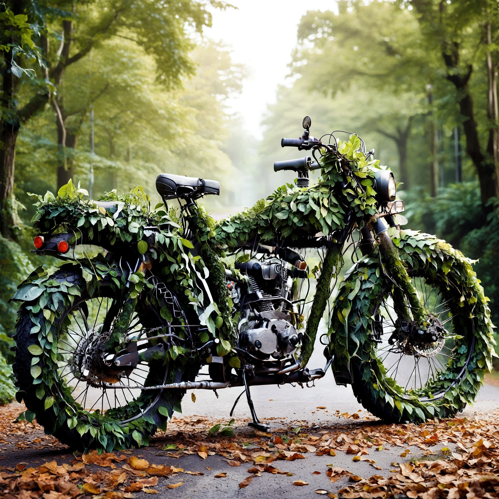 foliage-and-root, a motorcycle,