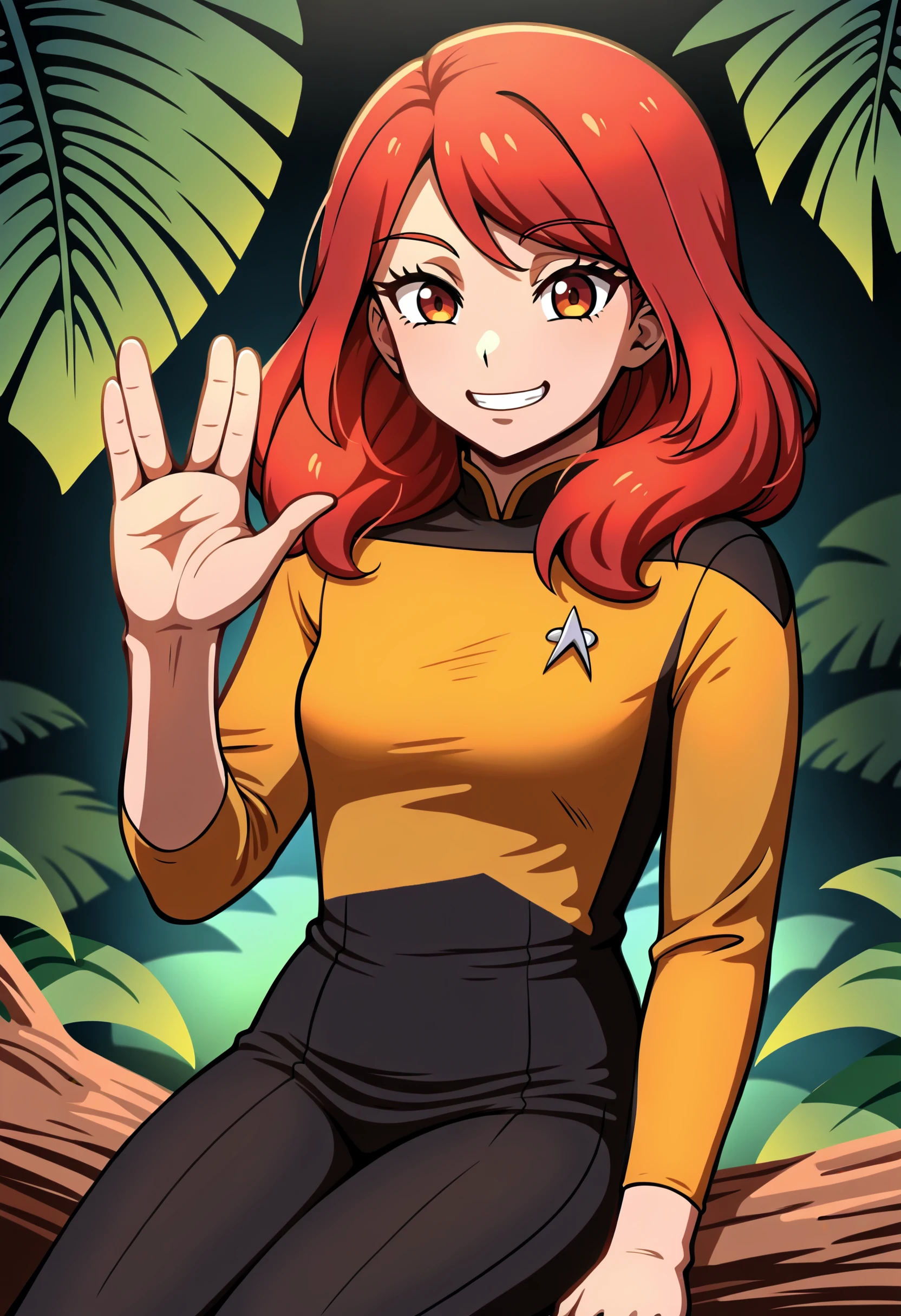 score_9, score_8_up, score_7_up, score_6_up, vulcansalute hand gesture,<lora:VulcansalutePonyV1-000035>
source_anime, 1girl,sitting on branch,in a jungle,wind blowing,hair blowing,light smile, explorer hut,red hair,
s3stngunf,yellow uniform,black pants
,<lora:STTNGponyStrong>