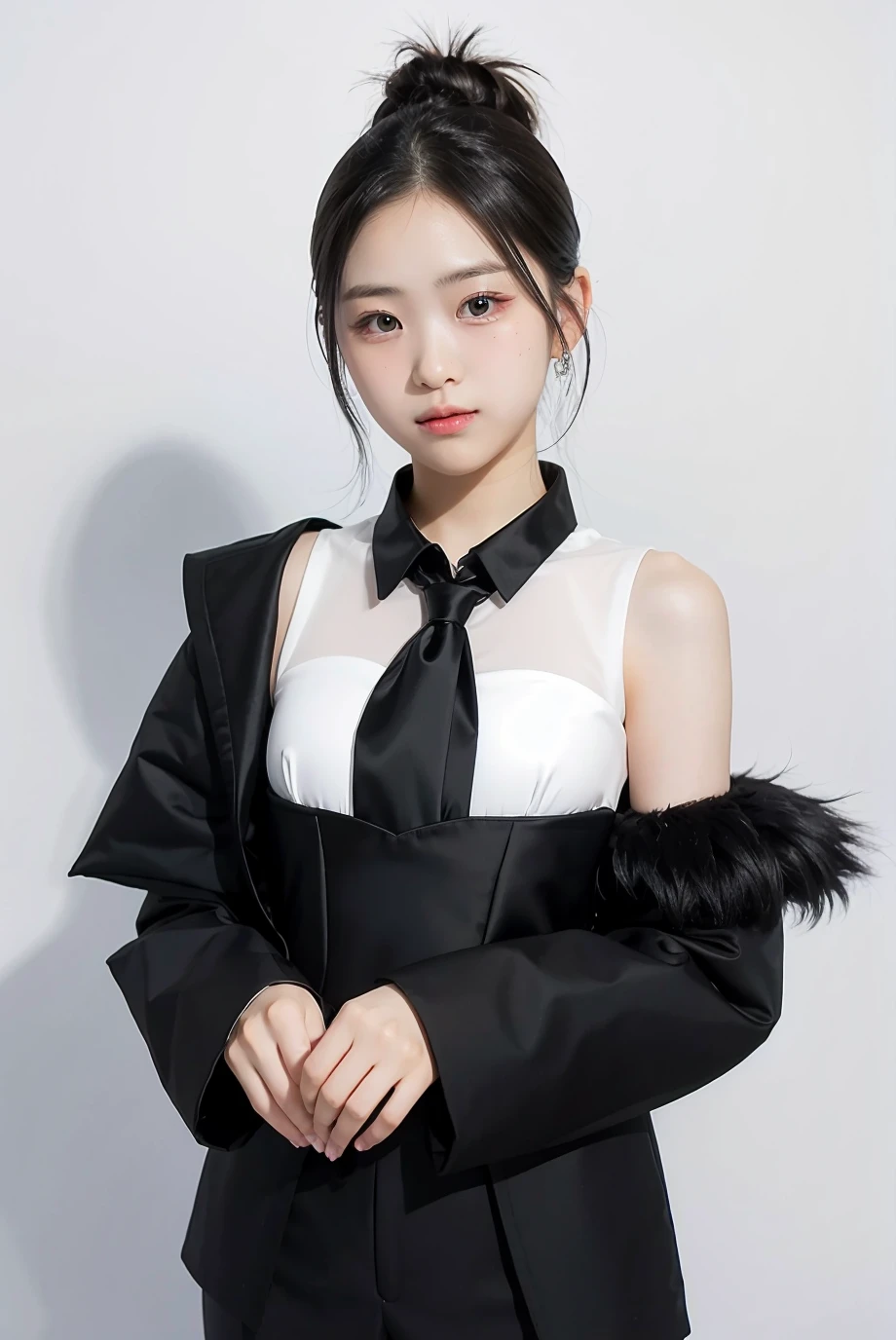 1girl, black  random formal attire, white background,    <lora:Itzy_ryujin-04:1>