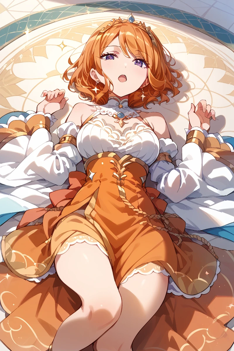 score_9, score_8_up, score_7_up, score_6_up, 1girl,
 <lora:Tsukasa_Ebisu:0.9> tsukasa, orange hair, breasts, solo, lying, on back, jewelry, earrings, purple eyes, dress, detached sleeves, short hair, looking at viewer, anklet, sparkle, tiara, bangs, open mouth, floor, portrait,