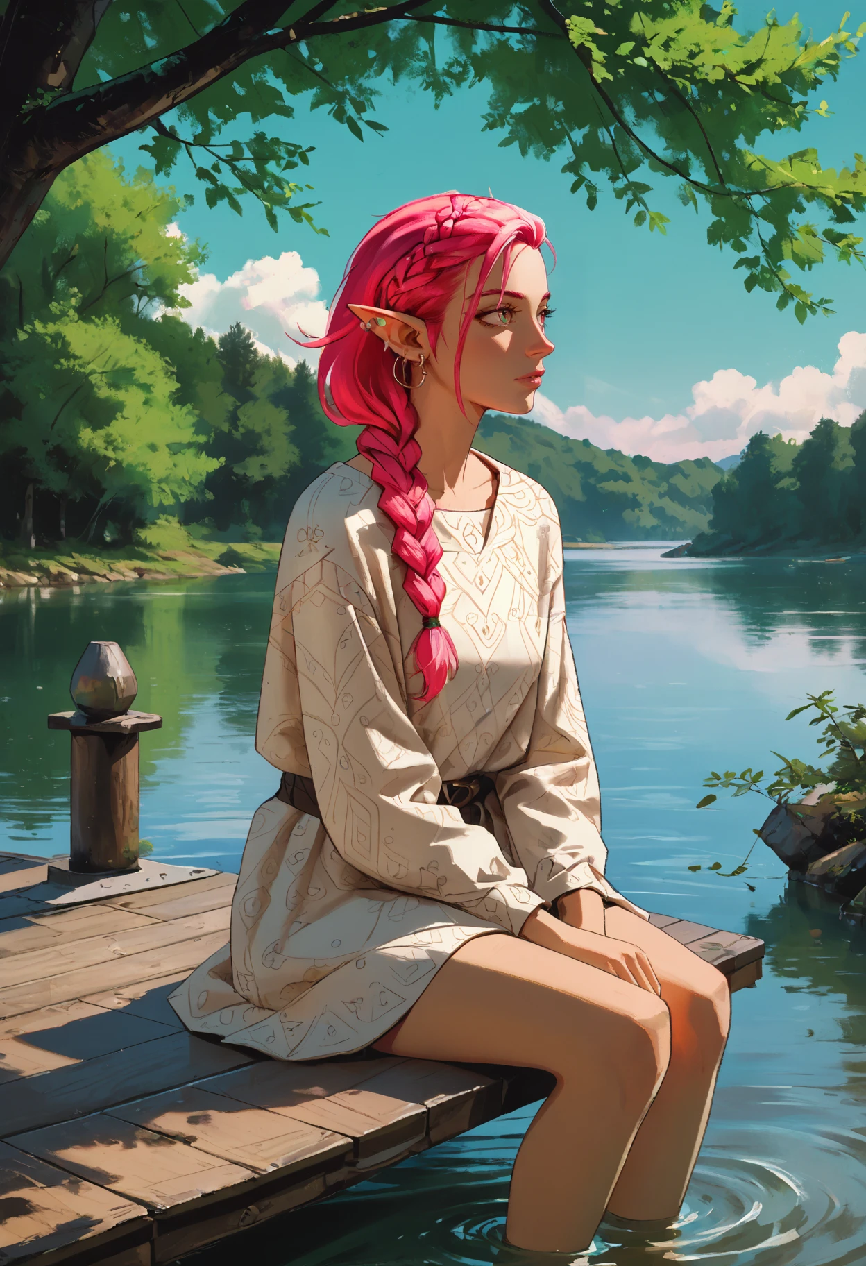 score_9, score_8_up, score_7_up, (1nk:1.1), adr1at1c, (v1s1on:0.4), (1girl, solo, elf, ear piercing, earrings, short hair, pink hair, braided hair, long hair, colorful, sitting, sitting on a pier:1.4), (sky, barefoot, day, cloud, water, blue sky, tree, profile, leaf, grass, plant, scenery, reflection, rock, wide shot, soaking feet, river, outdoors:0.6),
<lora:AdriaticInkVision:0.8>