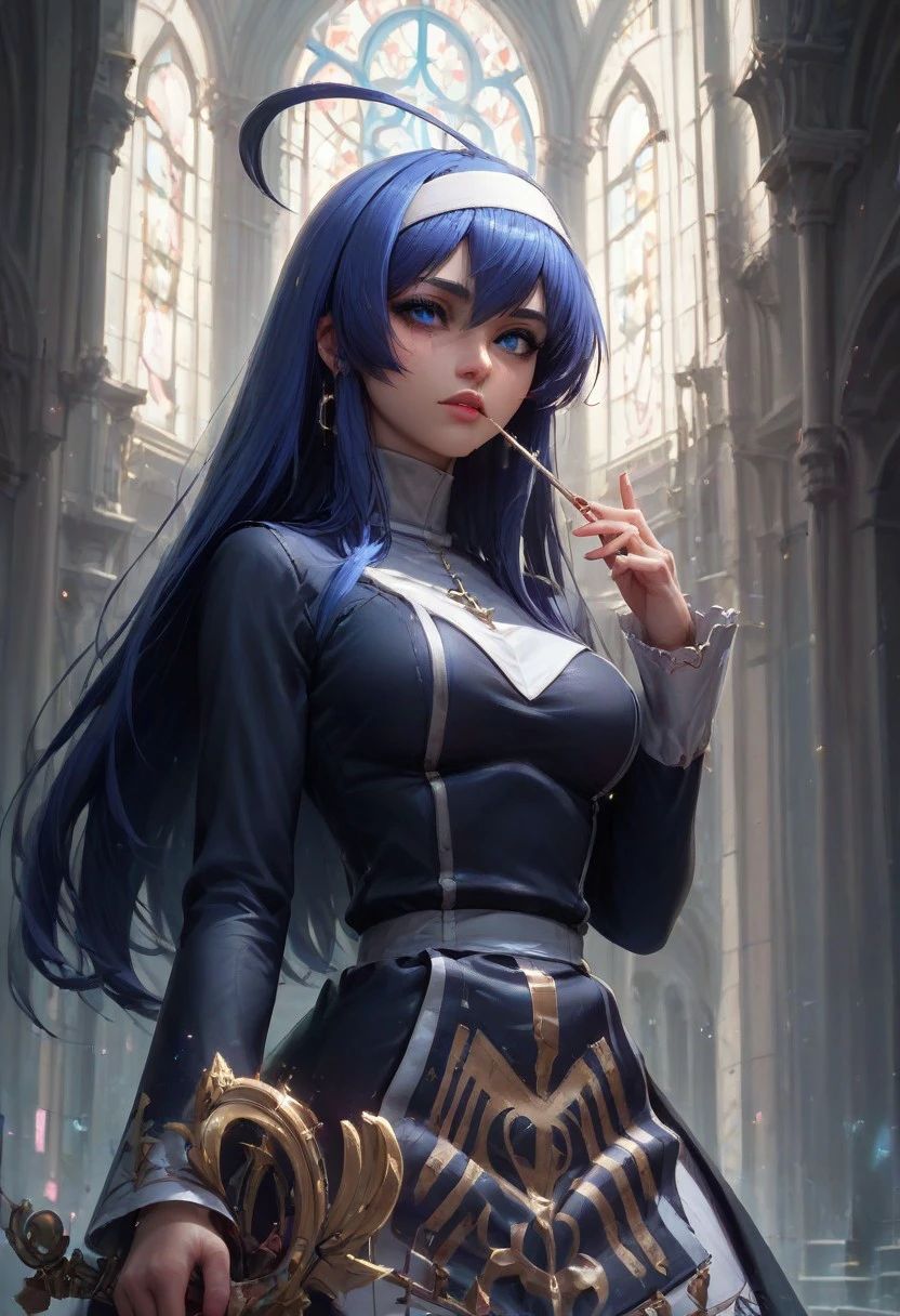 score_9, score_8_up, score_8. score_9, score_8_up, score_7_up, score_6_up, masterpiece, 4k, high quality
vivid colors, Expressive, 
1girl, Orie Ballardiae, (/Under Night In-Birth)/, (ultra HD quality details),  blue hair, straight hair, long hair, ahoge, huge ahoge, (blue eyes), hairband,
black dress, turtle neck, long sleeves, layered skirt, black shoes, stiletto shoes, high heels, thighhighs, white thighhighs, rapier, sword, holding rapier, holding sword,