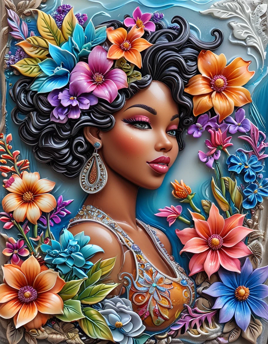 black woman with flowers  <lora:novuschroma54 style:1> novuschroma54 style