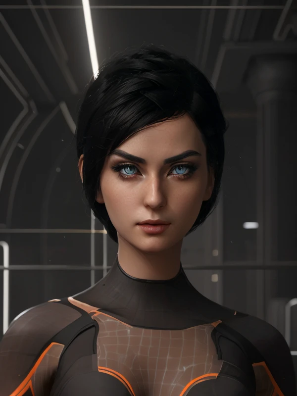 (best quality:1.5) (kira)+, young woman, short black hair, glowing blue eyes, dressed in futuristic outfit, black bodysuit with orange lines, complex line pattern on suit, slim clothes, (classic kira appearance)+, detailed drawn face, (correct eyes)++, android eyes pupils, angry expression, correct proportions, looking at viewer, closeup, upper body showing, epic science fiction scenery, <lora:kira:1>, semi-realistic