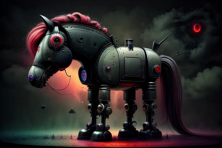 dark kawaii, black robot horse, red-eyes, 4k high resolution, high quality macro photo, (colorfulsurrealismai:0.6), <lora:Dark Kawaii - drkkaw 1.5_epoch_5:0.5>