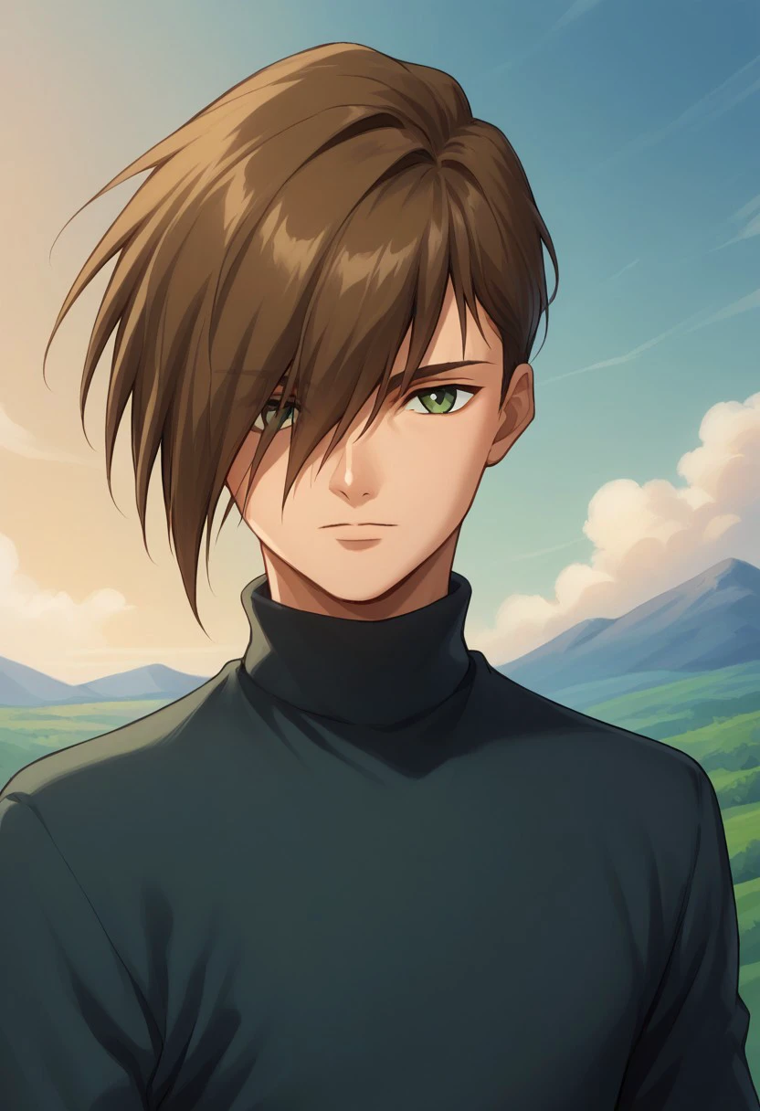 score_9, score_8_up, score_7_up, source_anime, highly detailed, 
trowa, 1boy, solo, male focus, hair over one eye, brown hair, long sleeves, turtleneck, green eyes, pants, sweater, looking at viewer, black shirt,
pants, grey pants, upper body,
outdoor, sky,