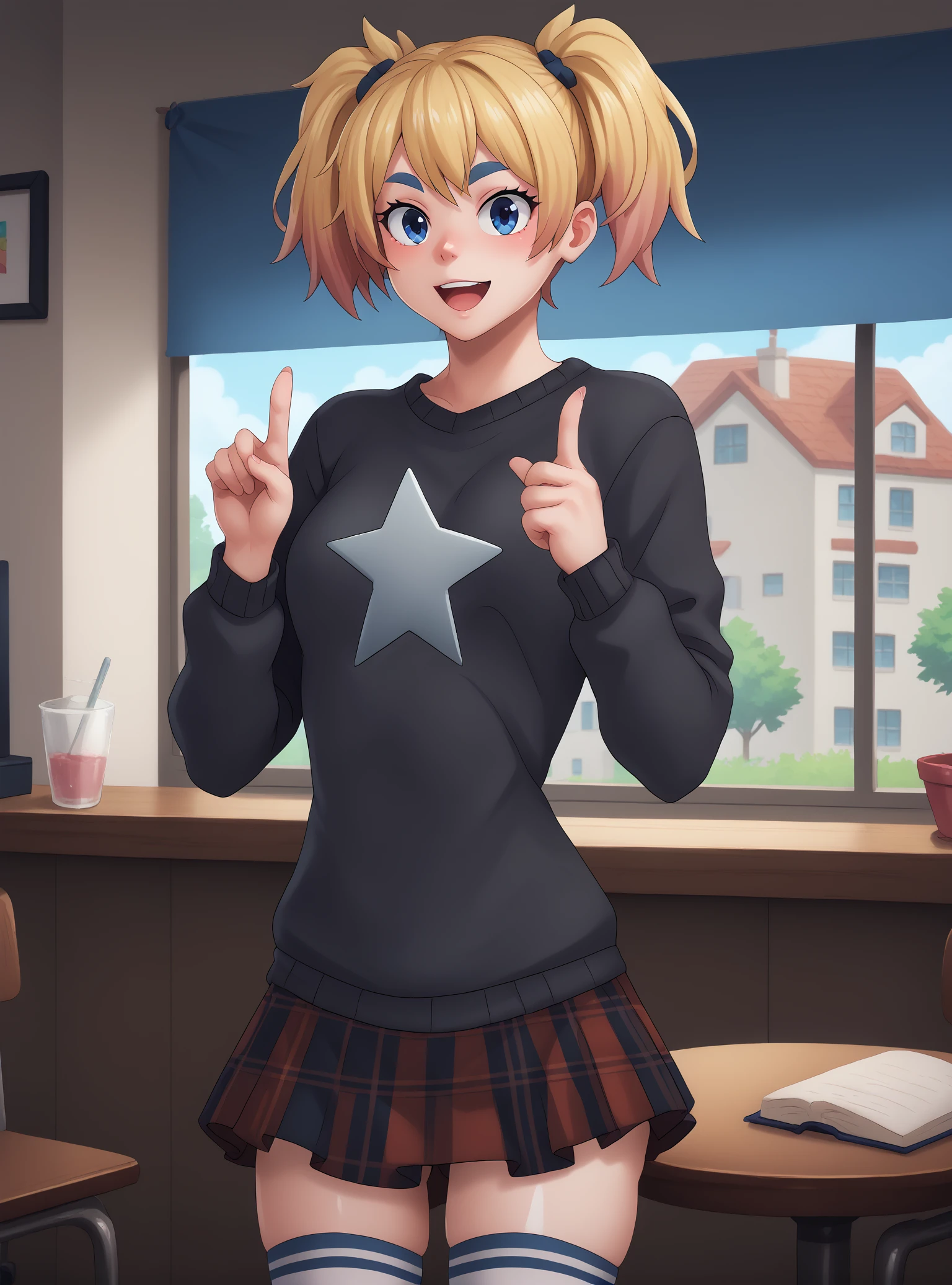 score_9, score_8_up, score_7_up, masterpiece, best quality, pixel perfect, Smooth Anime Night, BREAK
beautiful face, 1girl, solo, breasts,  excited, pointing at viewer, 
Minami, blue eyes, blonde hair, blue eyebrows,  short hair, twintails, plaid skirt, black sweater, thighhighs, 
<lora:Pony_DetailV2.0:1> <lora:OtherStyle_03:0.5><lora:Anime_Screencap:1><lora:Minami:1>