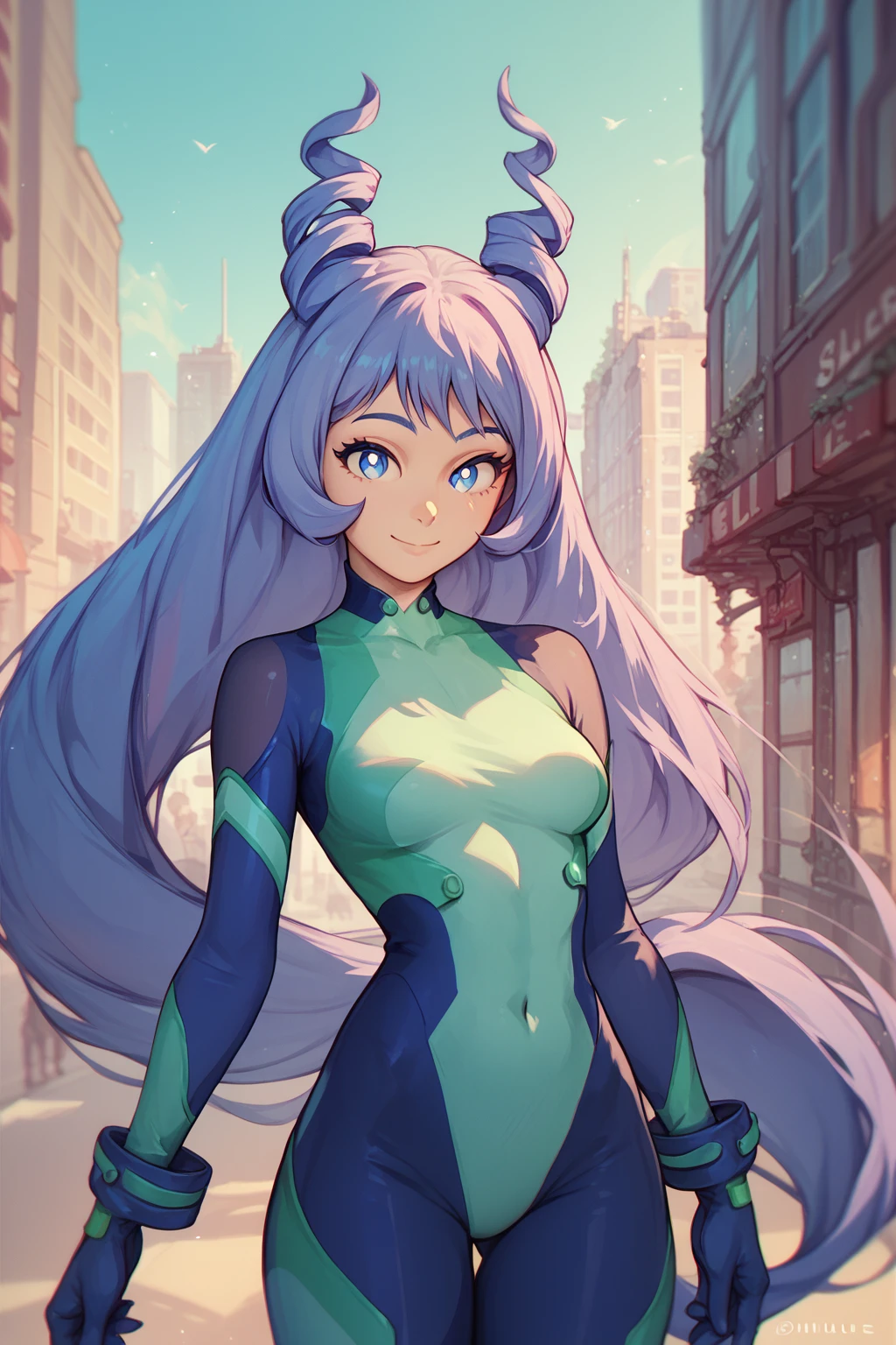 <lora:last:1>,  score_9, score_8_up, score_7_up, score_6_up, slimes_nejire, woman, solo, bodysuit, waist up shot, city background, smiling