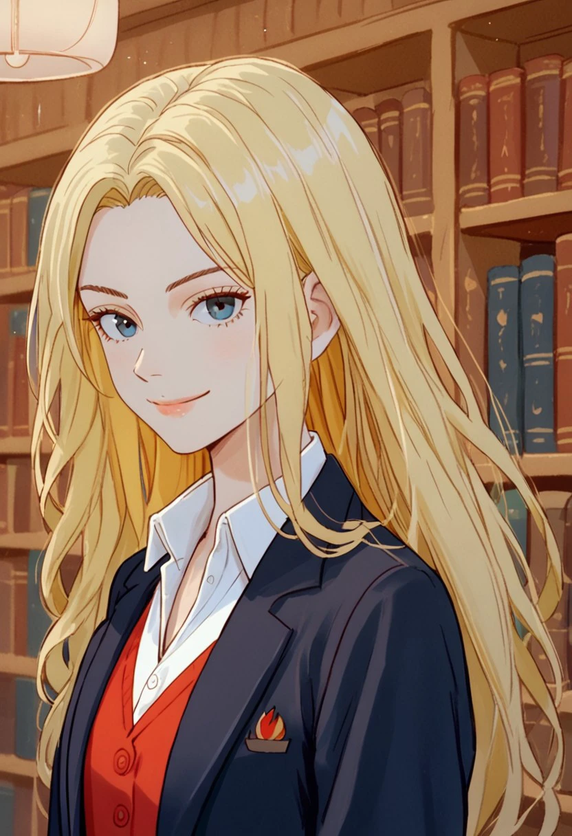 score 9, score 8, score 7, 1girl, solo, pmelm, blonde hair, long hair, upper body, navy blazer, red vest, white collared shirt, interior, library, looking at viewer, smile,