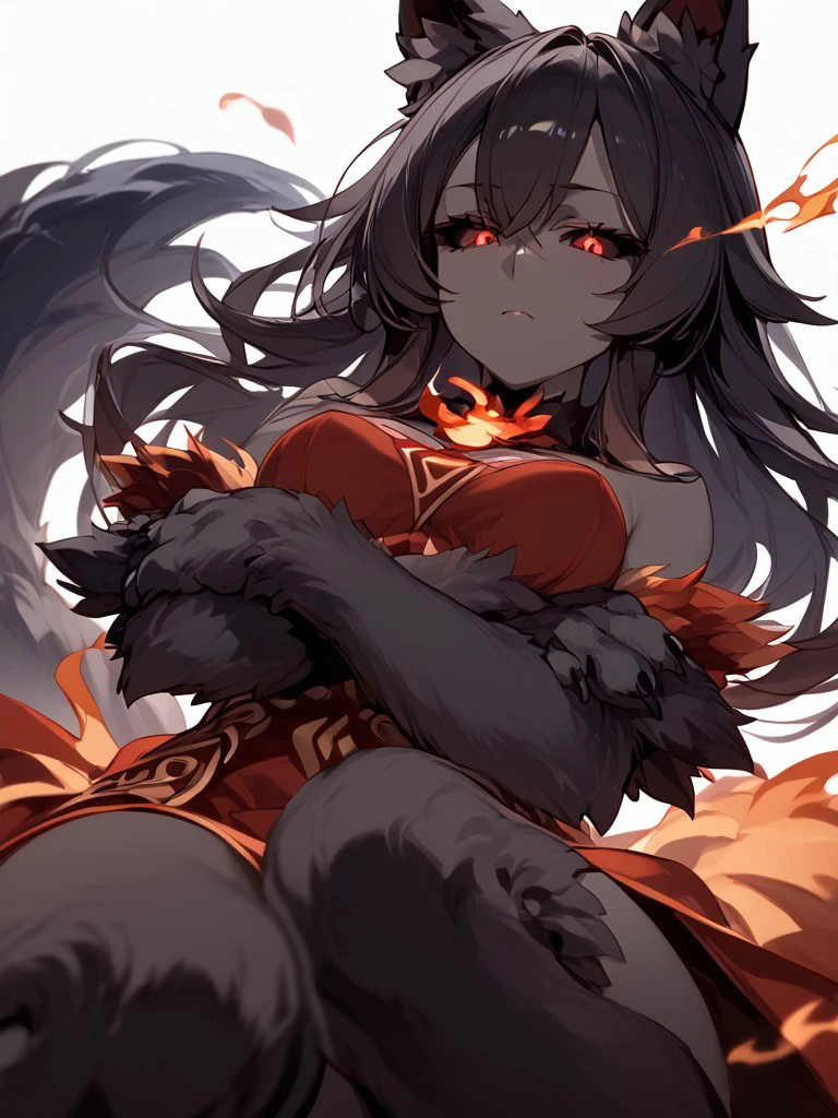 (score_9, score_8_up, score_7_up, score_6_up), (masterpiece), 1girl, perfect face, MGE, (expressive red eyes), (hellhound), (flaming eyes:1.2), (unnatural skin color:1.25), (black skin:1.2), black hair, long hair, (animal arms:1.1), (animal legs:1.1), animal ears, ear fluff, (thighhigh fur:1.25), wolf tail, glowing eyes, dress, medium breasts, sitting, arms crossed, arms below breasts, breasts pushed up, colored sclera, black sclera, (white background), <lora:MGE_V5.3:0.8>