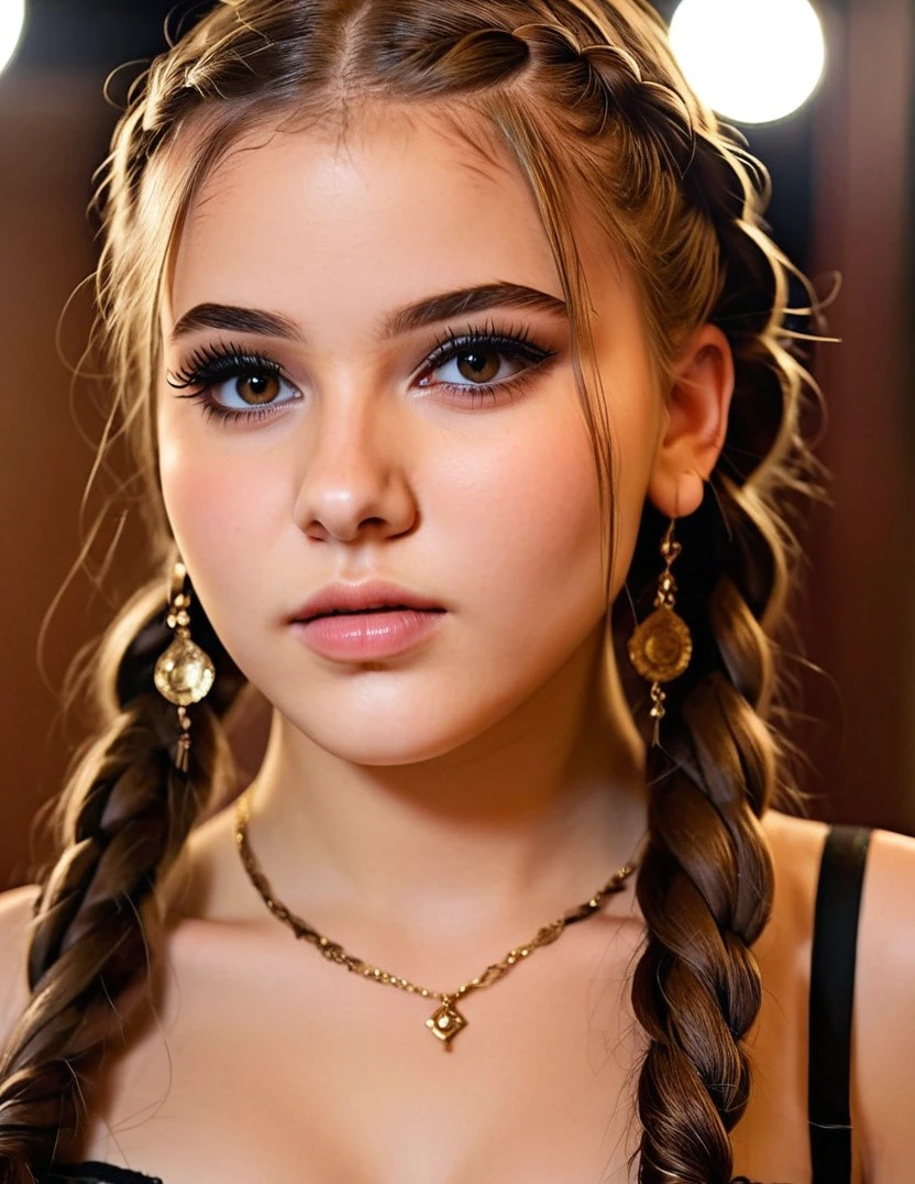 	Daneliya, 18 year old, portrait, eyeliner, makeup, upper body, twinbraids, 8k, extremely detailed face