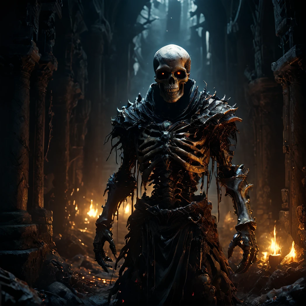 Skeleton, immense in stature, Dark fantasy scene, bones entwined with grisly adornments, eyes glowing menacingly from deep sockets, 
surrounded by the remnants of vanquished foes, eerie backlighting, chilling atmosphere, sinister focus, ultra realistic, volumetric shadows, dark, volumetric lighting, highly detailed background,High-Quality Artwork, ultra realistic, Wide angle Environmental,Unreal Engine,
 hdr, hyperdetailed, cinematic, dark shot, muted colors, RTX, full details,cinematic lighting,
best quality, ultra-detailed, high res, lighting, ray tracing, realistic, depth of field, High detail RAW color, 
 detailed, intricate,photorealistic, Unreal Engine, 
ultra realistic background, ultra realistic Environmental,
realistic, highly detailed, 
cinematic light, realistic, symmetrical, harsh lighting, 
cinematic lighting, contrast,hasselblad, hard light, 
gigapixel, 85mm, F/4, photorealistic,
intricate details, hdr, hyperdetailed, cinematic, dark shot, muted colors, RTX,
 cinematic film still, subsurface scattering, ray tracing, volumetric lighting, guts, badass,
High-Quality Artwork, ultra realistic, Wide angle Environmental, 
High-Quality Artwork, ultra realistic, 8k render,
 highly detailed, dark fantasy, cataclysmic, absurdres,
horror, sharp focus, highres, intricate detail,
highly detailed background, shallow depth of field, digital art style,  
photorealistic, RAW image, 
8k high resolution, RAW candid cinema, 16mm, color graded Portra 400 film, ultra realistic, 