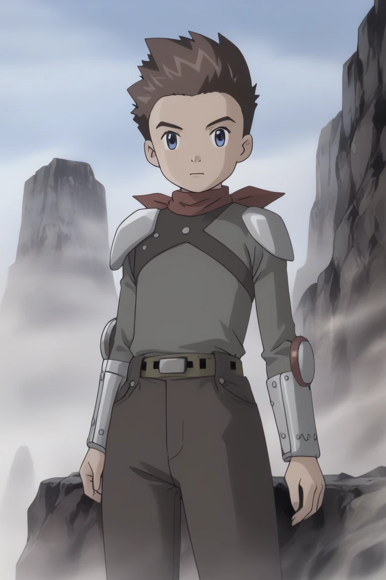 score_9, score_8_up, score_7_up, score_6_up, detailed, intricate details, highres, absurdres ,source_anime, cowboy shot, ryo akiyama, brown hair, blue eyes, grey shirt, red neckerchief, shoulder armor, torn shirt, sky, cloud, outdoors, fog, solo, rock, mountain, day, belt, brown pants<lora:EMS-421334-EMS:1.000000>