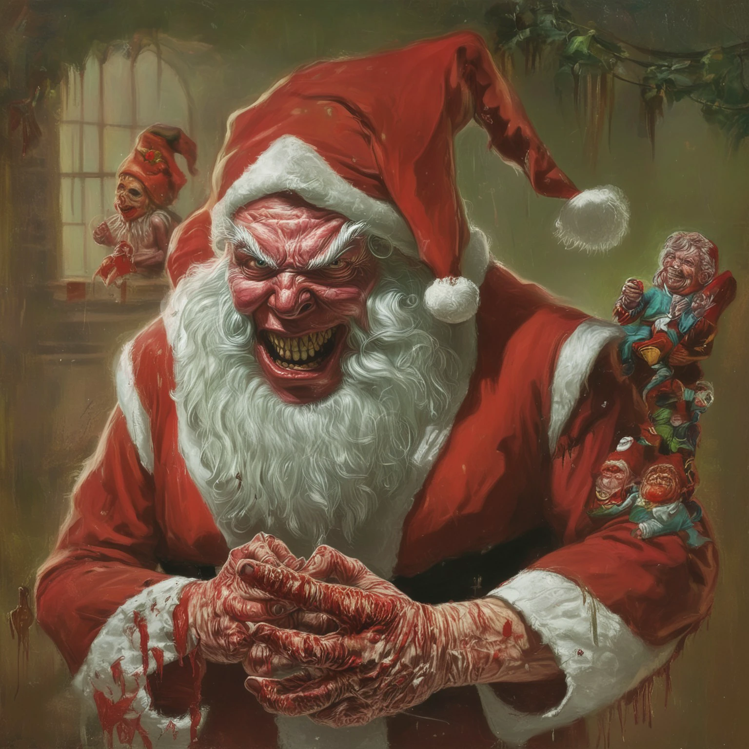 edrepkastyle, album cover, horror, painting, soft, highly detailed, exaggerated, evil santa claus, christmas, gore, evil elves, scary toys