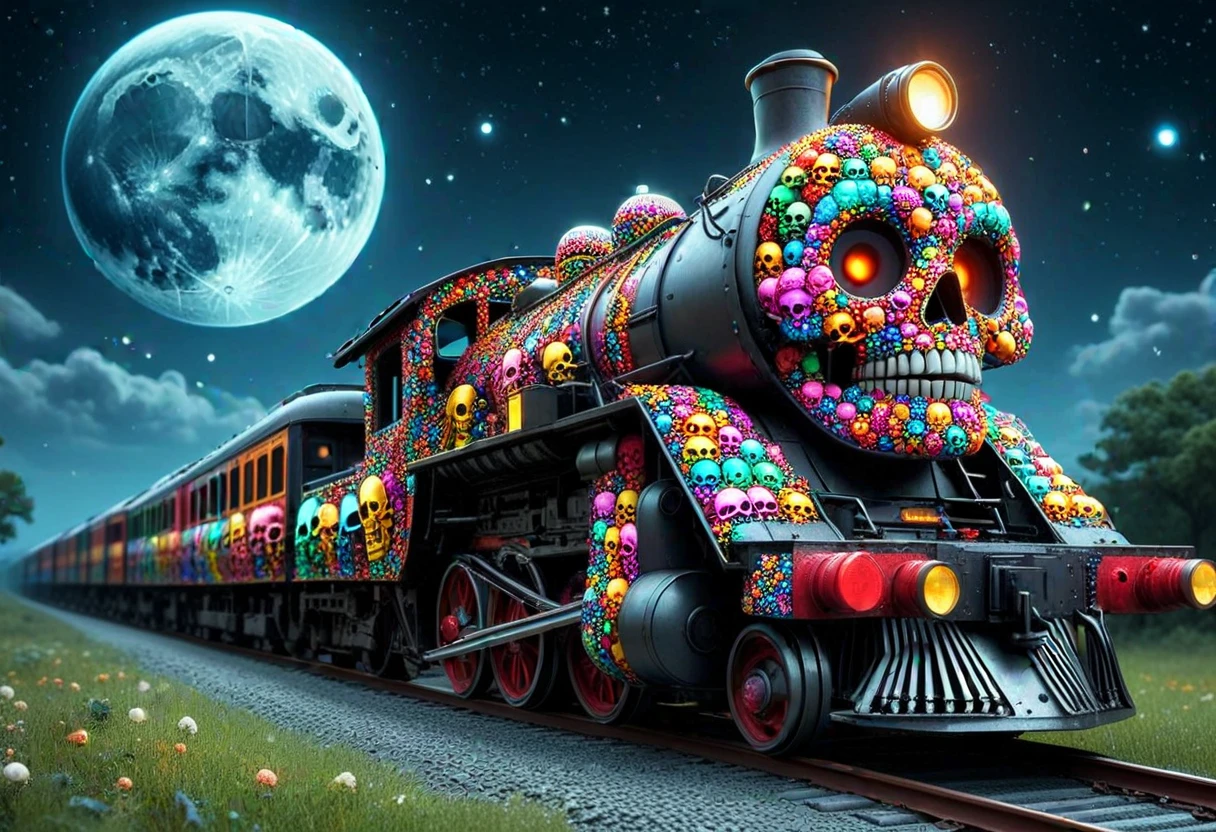 (medium full shot) of a train made of colorful skulls, a starlit night sky, with twinkling stars, a glowing moon, an infinite expanse of darkness ,Masterpiece,best quality, photo, realistic, very aesthetic