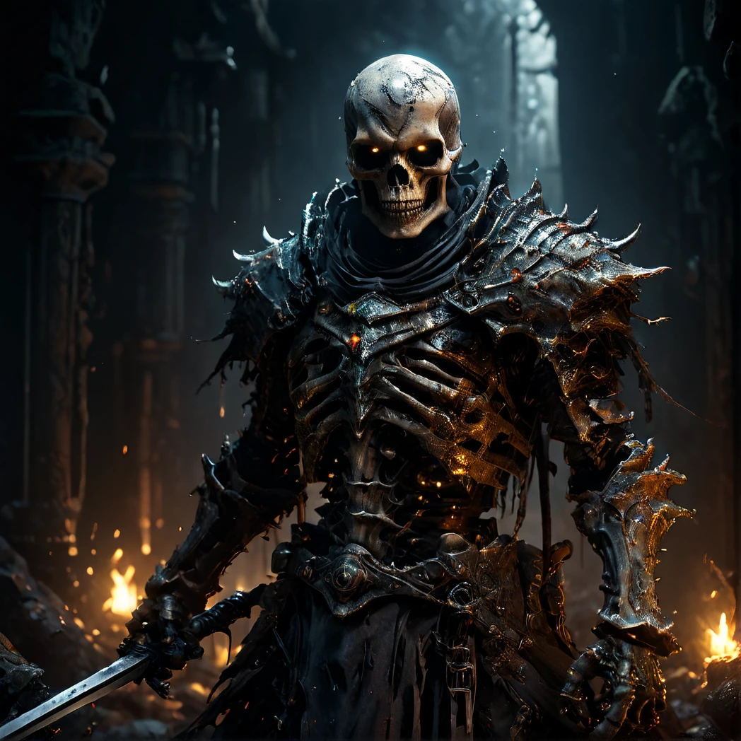 an undead skeleton swordsman fully covered in armor, Skeleton, immense in stature, Dark fantasy scene, bones entwined with grisly adornments, eyes glowing menacingly from deep sockets, 
surrounded by the remnants of vanquished foes, eerie backlighting, chilling atmosphere, sinister focus, ultra realistic, volumetric shadows, dark, volumetric lighting, highly detailed background,High-Quality Artwork, ultra realistic, Wide angle Environmental,Unreal Engine,
 hdr, hyperdetailed, cinematic, dark shot, muted colors, RTX, full details,cinematic lighting,
best quality, ultra-detailed, high res, lighting, ray tracing, realistic, depth of field, High detail RAW color, 
 detailed, intricate,photorealistic, Unreal Engine, 
ultra realistic background, ultra realistic Environmental,
realistic, highly detailed, 
cinematic light, realistic, symmetrical, harsh lighting, 
cinematic lighting, contrast,hasselblad, hard light, 
gigapixel, 85mm, F/4, photorealistic,
intricate details, hdr, hyperdetailed, cinematic, dark shot, muted colors, RTX,
 cinematic film still, subsurface scattering, ray tracing, volumetric lighting, guts, badass,
High-Quality Artwork, ultra realistic, Wide angle Environmental, 
High-Quality Artwork, ultra realistic, 8k render,
 highly detailed, dark fantasy, cataclysmic, absurdres,
horror, sharp focus, highres, intricate detail,
highly detailed background, shallow depth of field, digital art style,  
photorealistic, RAW image, 
8k high resolution, RAW candid cinema, 16mm, color graded Portra 400 film, ultra realistic, 