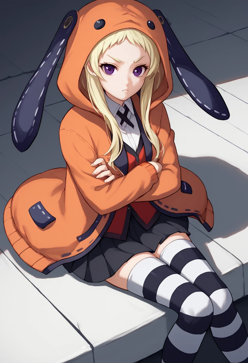 score_9,  score_7_up, source anime,    1girl, Runa, blonde hair, purple eyes, orange hooded jacket, white shirt, black and white thighhighs, animal hood, red blazer, pleated skirt, striped thighhighs,   sitting, crossed arms, looking at viewer,    <lora:Runa 5_1-000008:1>