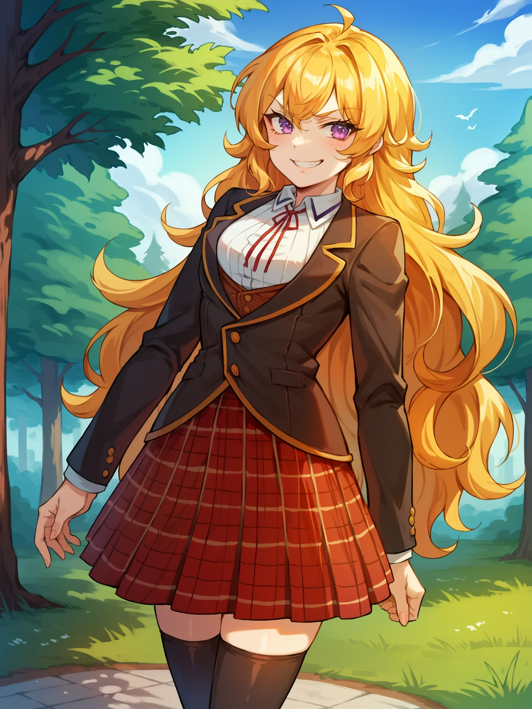 YangXiaoLong, 1girl, blonde hair, long hair, ahoge, purple eyes, Leaning standing, backyard, trees, forest, smirk,

score_9, score_8_up, score_7_up, source_anime, masterpiece, YangSchoolUniform, school uniform, thighhighs, plaid skirt, jacket, black legwear