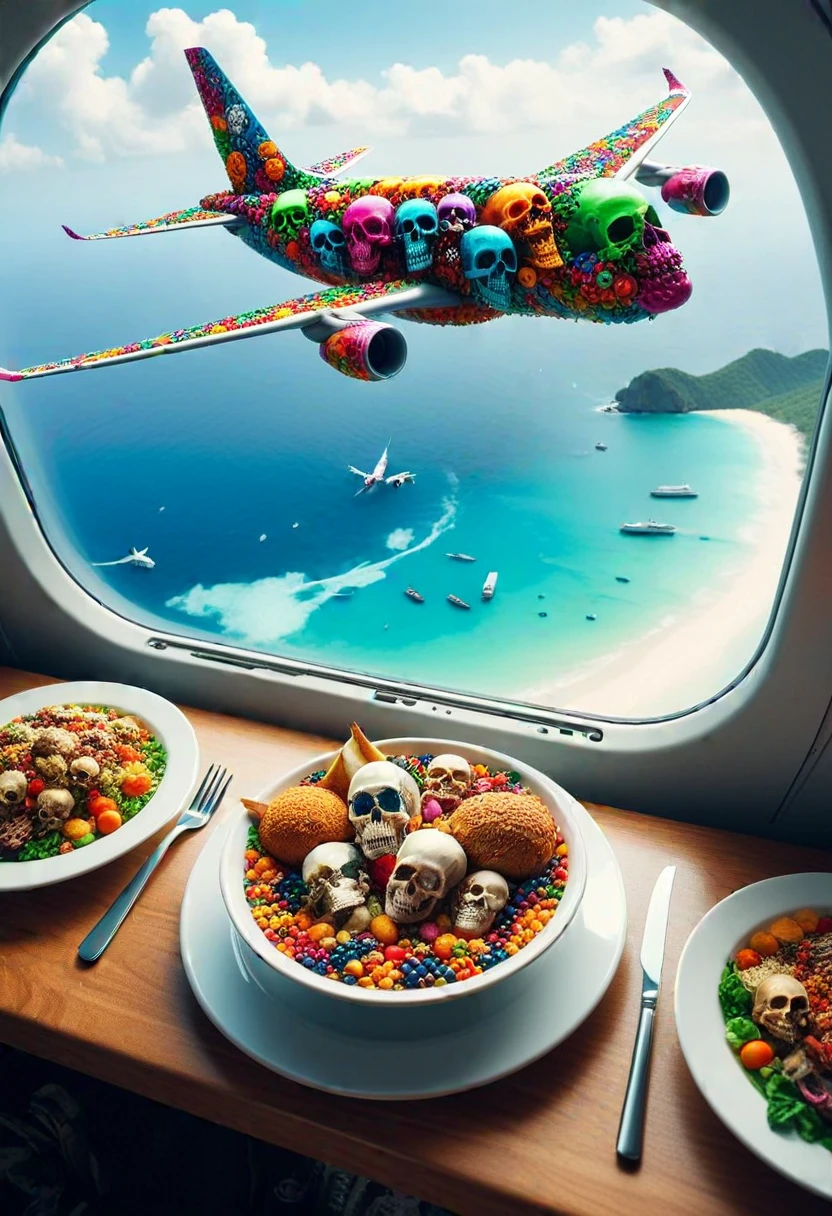 (medium full shot) of a meal made of colorful skulls, cruising above a tropical paradise, the airplane providing breathtaking views ,Masterpiece,best quality, photo, realistic, very aesthetic