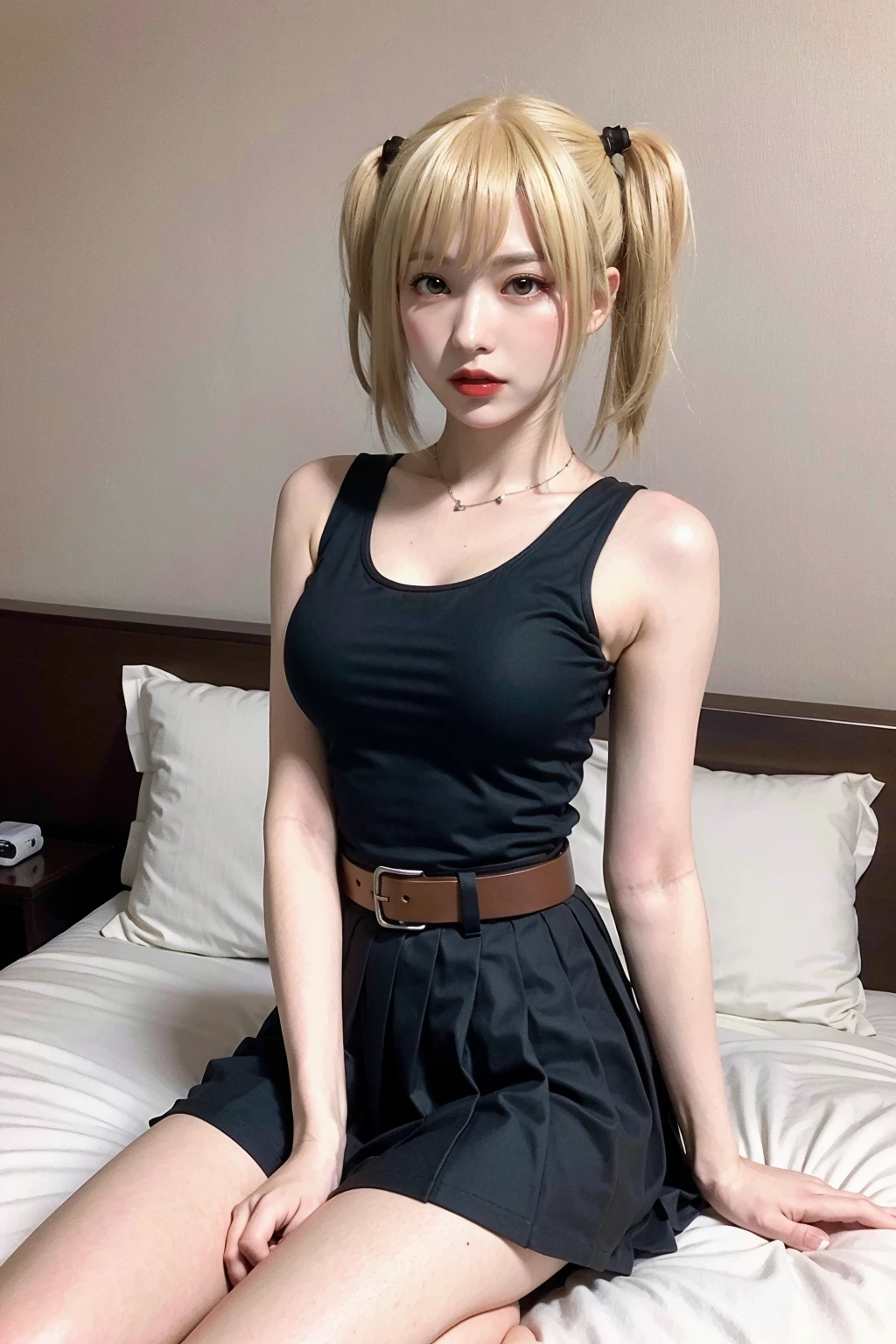 amane misa, realistic, 1girl, solo,brown eyes, blonde hair,(twintails), pale skin, beautiful japanese woman,medium breasts,black tank top,black shirt,medium hair, red lips,lipstick, black pleated skirt,(brown belt), indoors, sitting, on bed, seiza, pillow, black skirt    (8k, best quality, masterpiece, ultra highres:1.2),   <lora:misaCS1_v1:1>