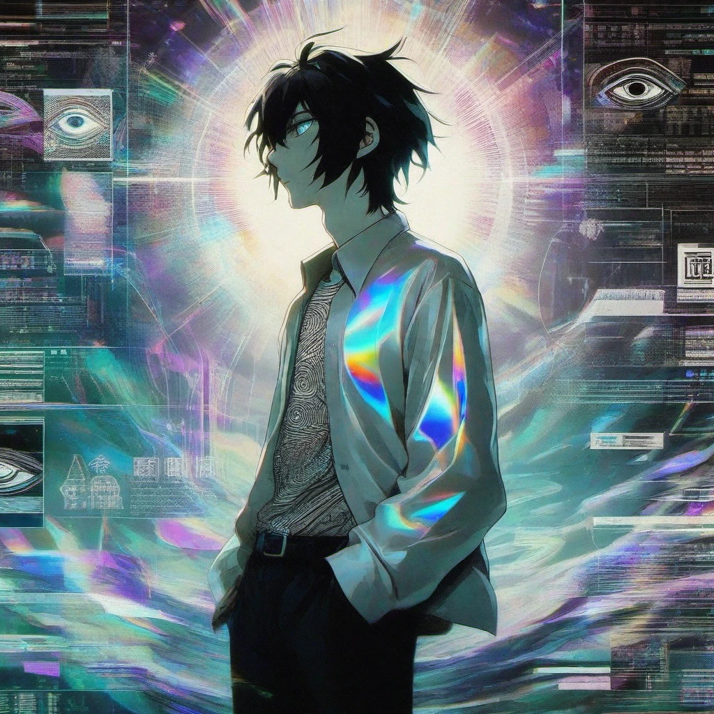 <lora:AnimeMan16_BestBaseModel:1> (((((Male Anime Character))))), glitch art, by MAPPA Studios, and star-studded wonders. Manga key arts, holographic undertones, glitchy, contrasting yet complementing the background filled with psychedelic patterns, male anime character, mid-length hair, iridescent, 16:9 anime art, liminal space, glitch, chaological rings, anime magazine cover, the iconic all-seeing eye, anime typography, dress digital anime, serial experiments lain, manga cover,kanji typography, anime boy, stands amidst a scene that's part 90's digital dream, image artifacts, anime boy, anime stylized, holographic, digital glitches, anime magazine cover, iridescent, high delicate defined details, chromatic aberration, digital user interface, his mid-length hair flowing like a river, image artifacts, where the past and the universe converge. A black-haired anime man, shinji ikari, close up Japanese lush flora water dripping leaves echoing blue rings turquoise glowing aura fractal pearlescent iridescent surrealist giygas turbulent bismuth glitchart, male anime character, a plug suit, part cosmic spectacle. His holographic shirt is almost a beacon in this world, breakcore, halo over his head, shinji ikari, holographic, kanji typography, digital user interface, lain from serial experiments lain, glitch, Anime, key art, harajuku clothes,breakcore, from a bygone digital era add layers to, all seeing eye illuminati, illuminati eye, mid-length hair