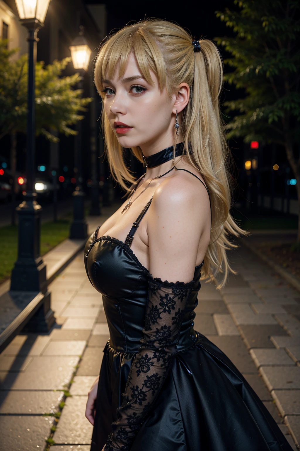 amane misa, 1girl, blonde hair, solo, gothic, black detached sleeves, black choker, official style, long hair, two side up, cross, necklace, blue eyes, black dress, gothic, bare shoulders, red lips, outdoors, night, v arms, blurry background, cowboy shot, straight-on, medium breasts,from side,(best quality, masterpiece)  <lora:misaCS1_v1:1>