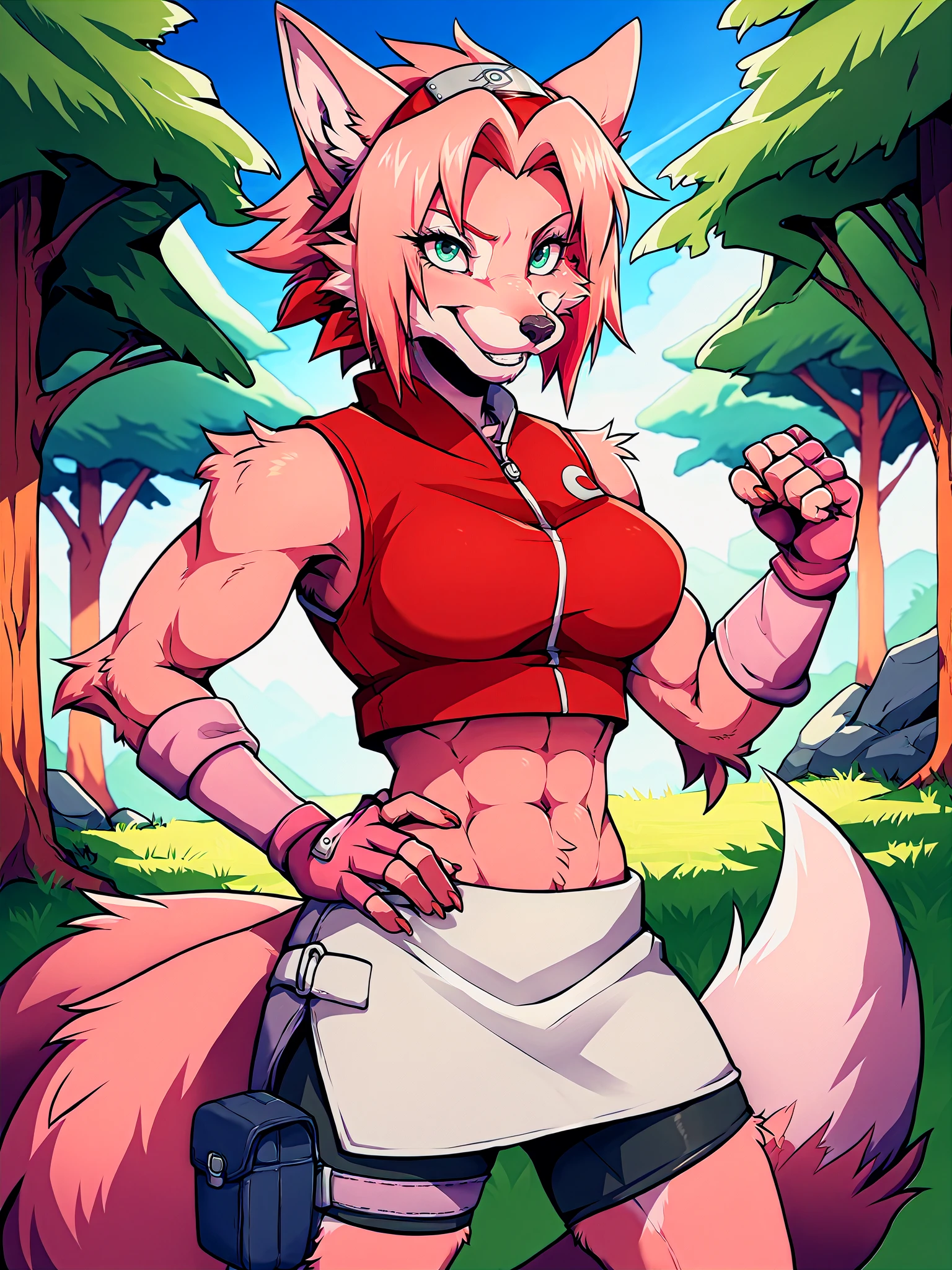 score_9, score_8_up, score_7_up, source_furry, 1girl, (fox), (furry:1.1), anthro, smile, happy, looking at viewer, detailed background, <lora:xNIROx_Style_PDXL:0.8>, fluffy fur, detailed fur, 
 <lora:character_sakuraShippudenPXL-Konan:0.8> haruno sakura, pink hair, hair, green eyes, forehead protector, red shirt, white skirt, toned, biceps, abs, (pink fur:1.3), contrapposto, large breasts, long ears, thigh muscles, groin, lowleg, (multiple tails:1.2), fingerless gloves, grass, trees, claws, thigh muscles, one hand on hip, fist pump, digitgrade, bike shorts, arm warmers, 
forest background, sunny, blue sky