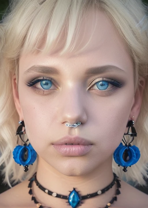 bruna,  gothic, blue eyes, blonde hair, jewelry, closed mouth, earrings, lips, piercing, portrait, close-up, realistic, nose, self shadows, perfect photo, photorealistic, masterpiece, analog photo, sony 50mm<lora:bruna_linzmeyer_v1:1.0> <lora:gothic_v1:0.5>