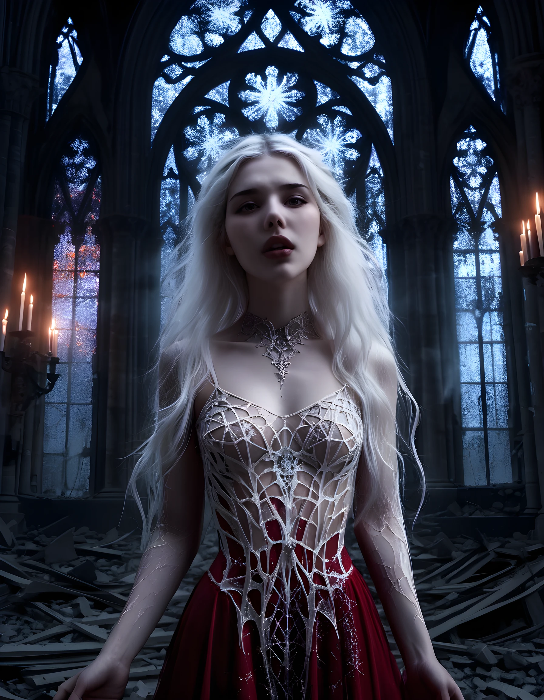 In a high-contrast, ethereal setting reminiscent of a Gothic cathedral at twilight, the captivating 53R3N483LL3, a woman with white hair cascading down her back like moonlit waves, stands in the foreground. Her long, crimson gown, adorned with intricate silver spiderweb patterns and glowing gemstones, clings to her figure as if infused with an otherworldly energy. Her lips are parted slightly, revealing a single fang-like canine tooth, a subtle hint of her supernatural nature. Her piercing gaze locks onto the viewer, her eyes glowing like twin embers in the dim light. The camera angles from below, emphasizing her ethereal beauty and power as she stands tall amidst the dark cathedral ruins, the stained-glass windows casting kaleidoscopic patterns upon her radiant skin. The background is filled with the eerie silence of the abandoned cathedral, the dust motes dancing in the beam of a single candle, creating a tense and suspenseful atmosphere that seems to pulse with an unseen energy, mirroring the heartbeat of the mysterious 53R3N483LL3.