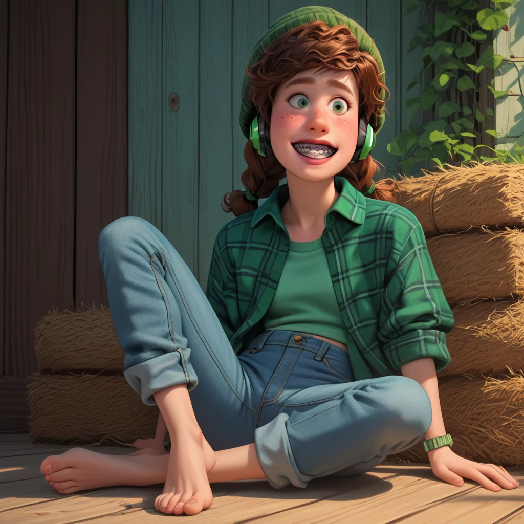 score_9, score_8_up, score_7_up, score_6_up, score_5_up, score_4_up, 1girl, Miriam, green eyes, green plaid shirt, skinny, jeans, hat, nerdy, braces, sunlight, freckled, freckled chest, sitting on the floor, portrait, barefoot, headphones, excited,