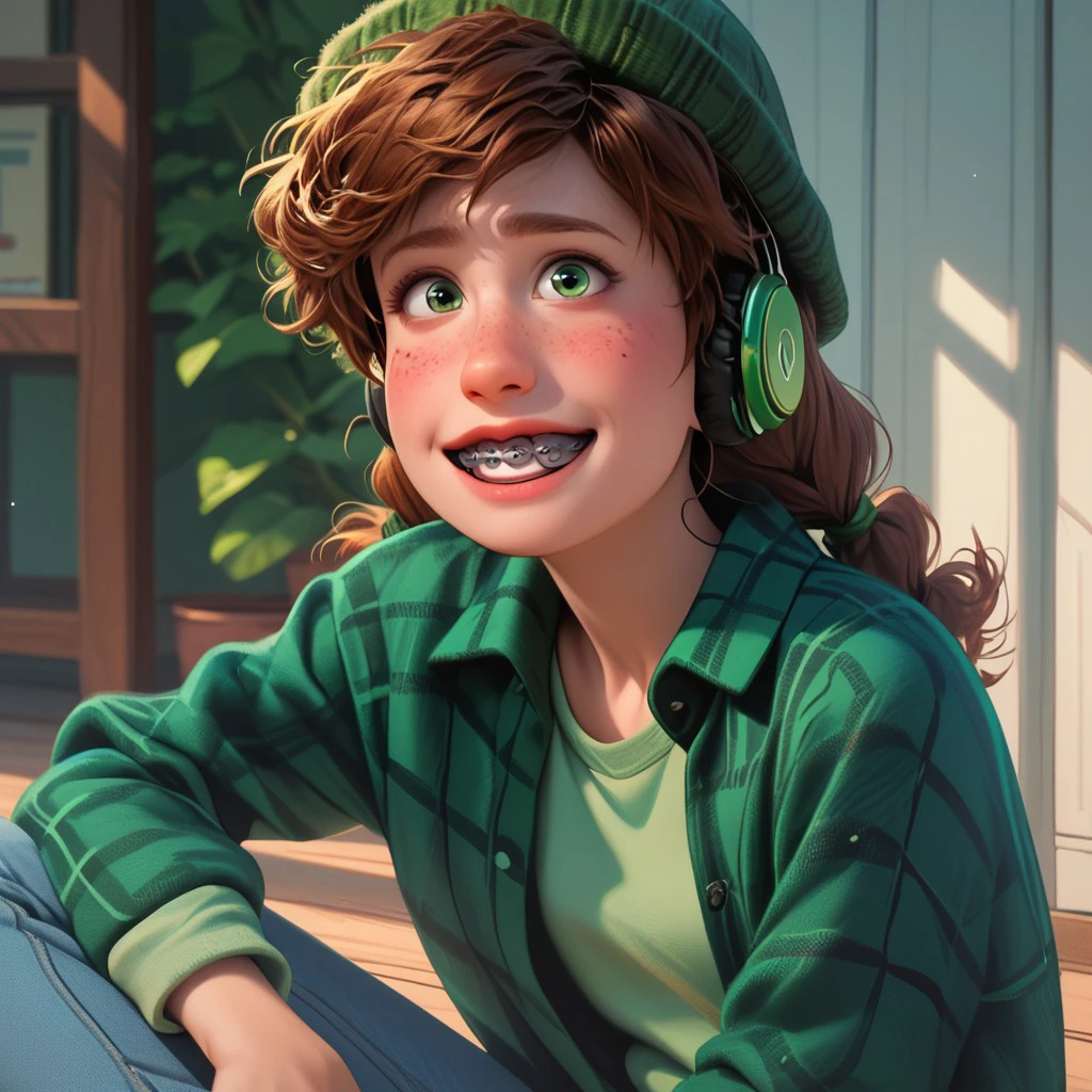 score_9, score_8_up, score_7_up, score_6_up, score_5_up, score_4_up, 1girl, Miriam, green eyes, green plaid shirt, skinny, jeans, hat, nerdy, braces, sunlight, freckled, freckled chest, sitting on the floor, portrait, barefoot, headphones, excited,