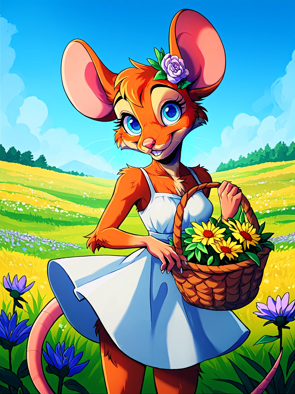 score_9, score_8_up, score_7_up, source_furry, 1girl, (mouse girl), (furry:1.1), anthro, smile, happy, looking at viewer, detailed background, <lora:xNIROx_Style_PDXL:0.8>, fluffy fur, detailed fur,
long sundress, flower field, short, love, small breasts, tan fur, head flower, basket, tall grass, sunny, blue sky, pink nose, big eyes, blue eyes, cute, adult,