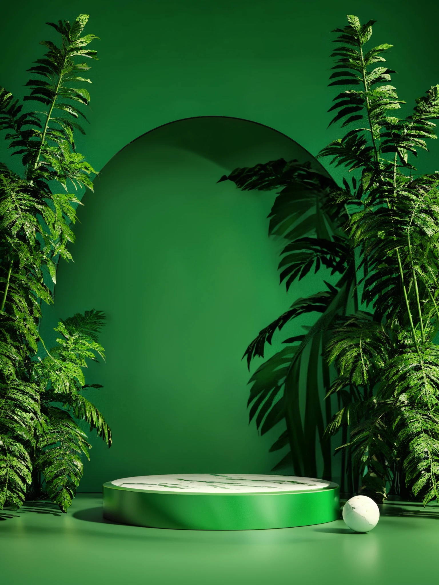 texture, HEZI, electronic mall scene, detail, rendering, plant, no humans, green theme, still life, green background, leaf, simple background, scenery, reflection, ball, shadow, vines, signature,<lora:çµååºæ¯-000014:0.7>,