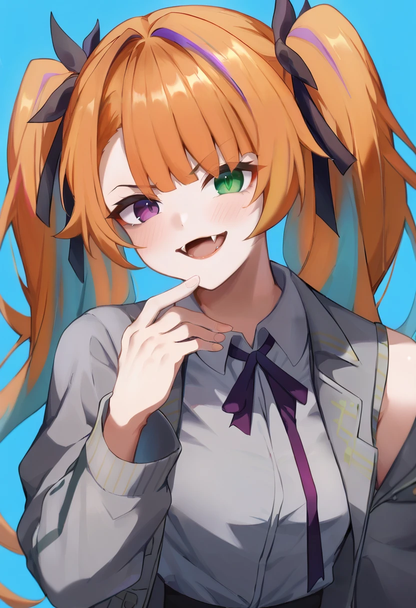 score_9, score_7_up, 1girl,
multicolored hair, heterochromia, purple ribbon, collar, shirt, grey jacket, jacket, collared shirt, hair ribbon, ribbon, grey shirt, purple eyes, holding, open mouth, long hair, purple hair, two-tone hair, orange hair, blue background, open jacket, twintails, grey sleeves, looking at viewer, solo, long sleeves, streaked hair, black ribbon, hand up, fangs, blush, detached sleeves, open clothes, sleeveless jacket, green eyes, v-shaped eyebrows, sleeveless, upper body
<lora:shirotategosha-Style-PonyXL-DoRA-000039:1>