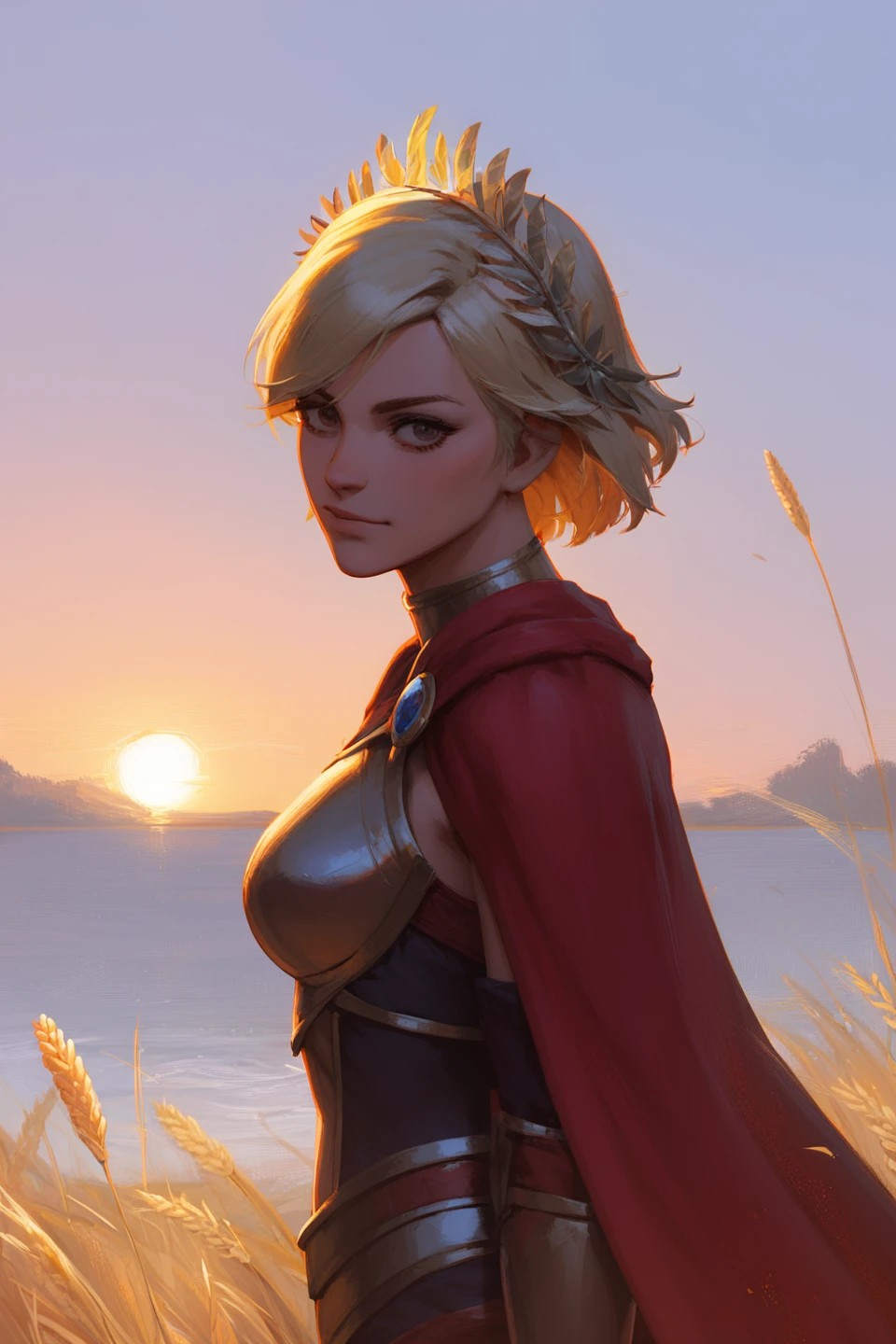 score_9, score_8_up, score_7_up, best quality, masterpiece, 4k, very aesthetic, source_anime, 1girl, bronze armor, laurel crown, red cape, from side, wheat field, sunset, ocean background, kind expression, short blonde hair, upper body, close up, looking back, looking at viewer, official art, solo focus,  <lora:Liu-Like Light:1> liufd