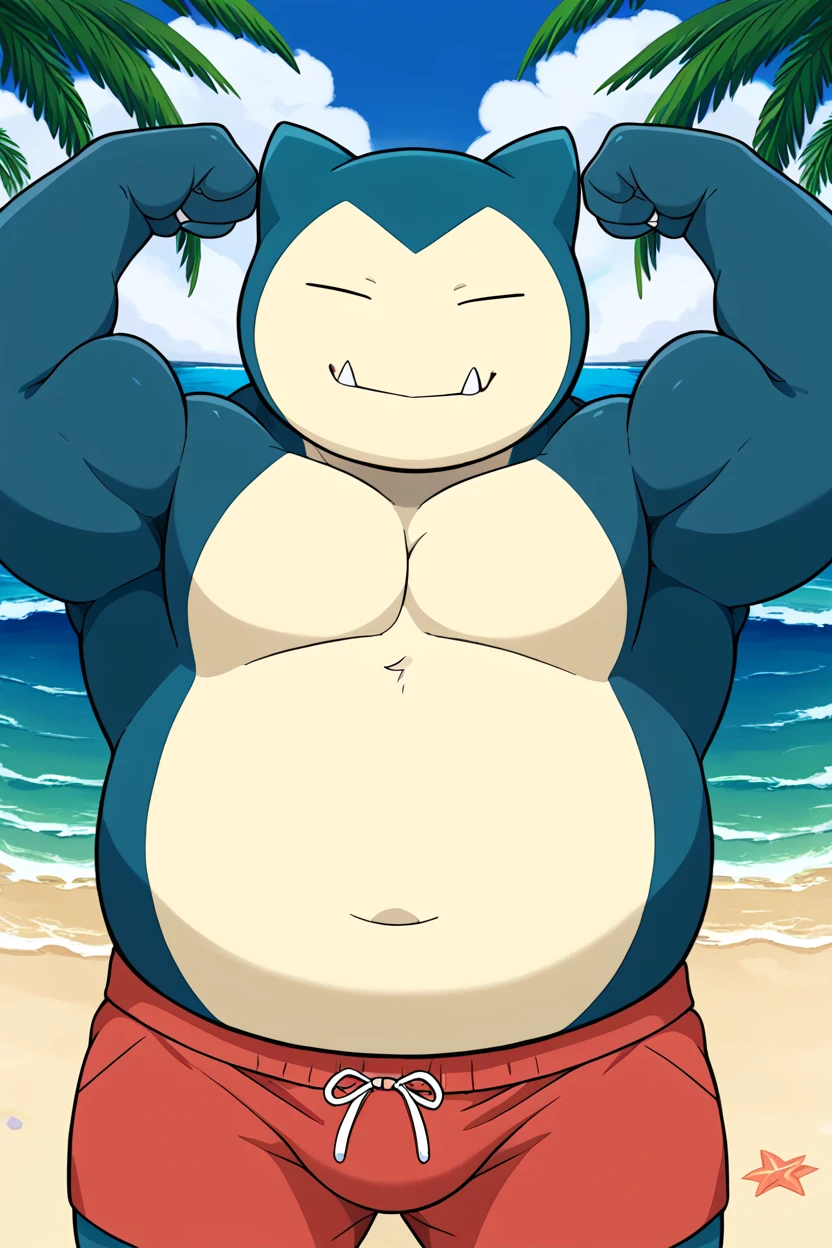 score_9, snorlax, pokemon \(creature\), fangs out, solo, 1boy,muscular male, closed eyes, closed mouth, facing viewer, flexing,arms up, beach, red swim trunks, ocean,palm,cowboy shot  <lora:SnorlaxPony:1>